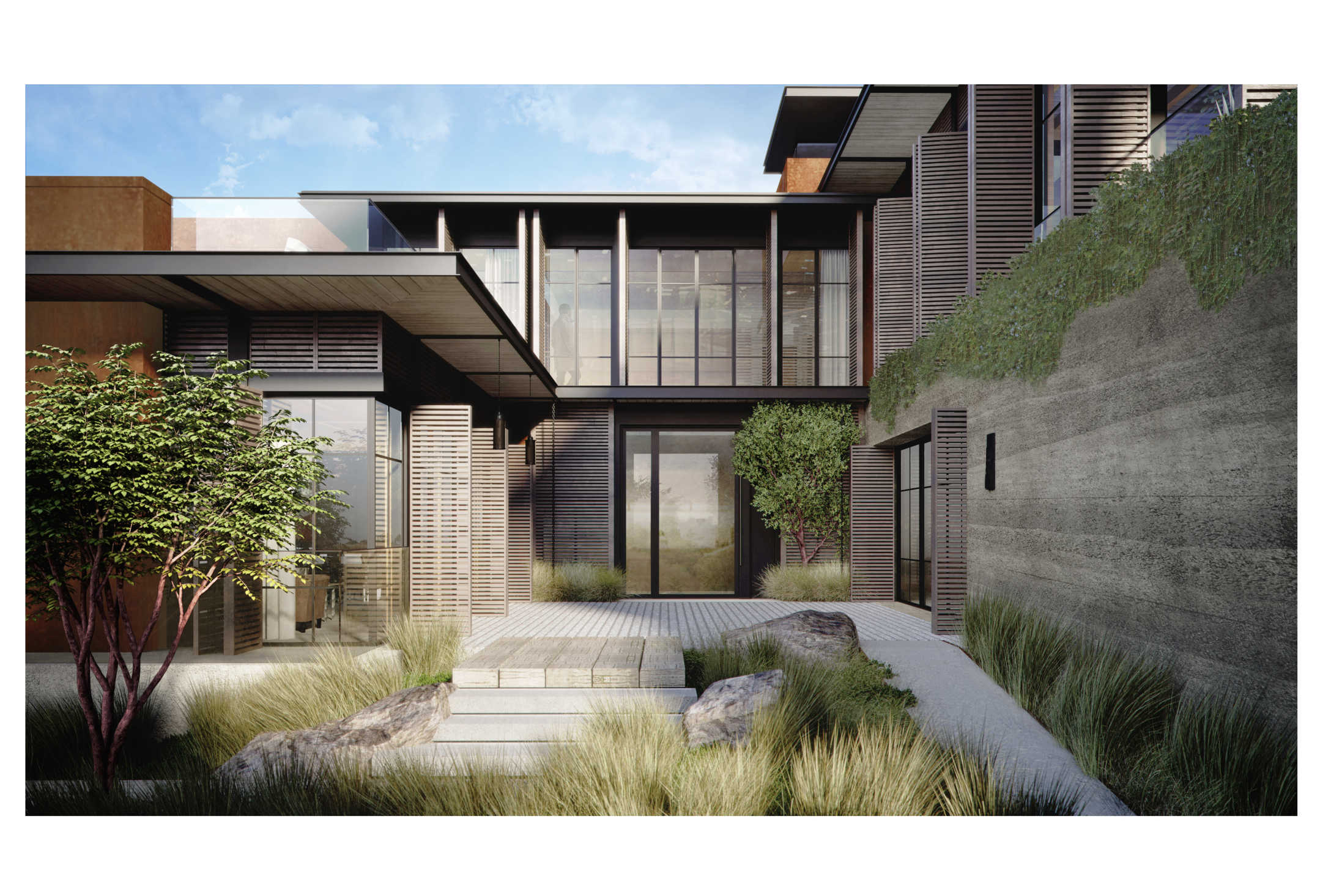 The Creekside residence embodies Frank Lloyd Wright’s philosophy of a home being of the hill, blending seamlessly into its surroundings