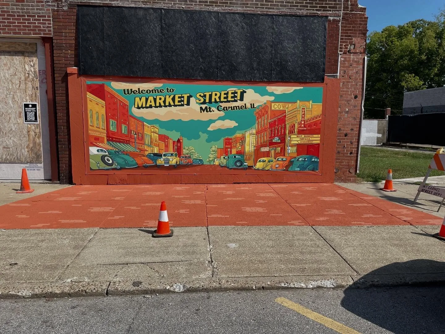 The painted sidewalk extension of our banner project on Market Street is almost complete! Huge thanks to the MCHS Art class that has been helping us paint the last three nights! We couldn't have done it without you. Just a coat of sealant left to go,