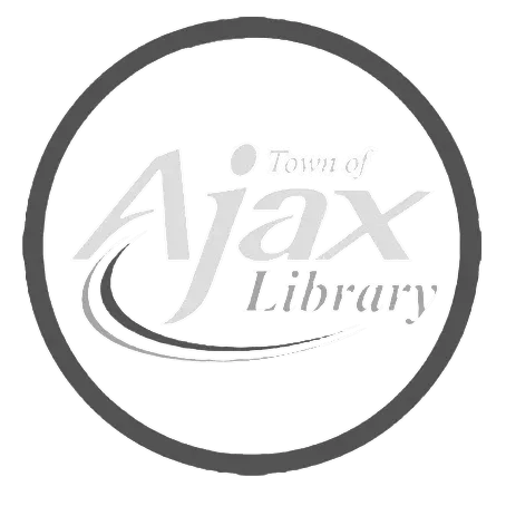 Logo for the Town of Ajax Library, featuring the word 'Ajax' with a swoosh and circle design.