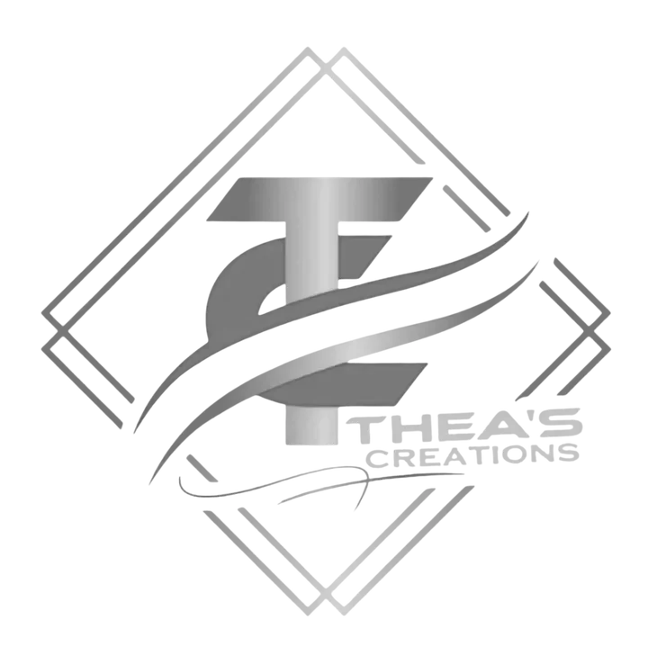A black and white photograph of a modern logo design with the words 'Thea's Creations' within geometric shapes arranged within a square outline.