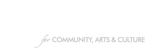 Logo with a stylized church spire to the left and the words 'St. Francis Centre' beside it, all in blue. The words 'for Community Arts & Culture' are underneath in yellow.