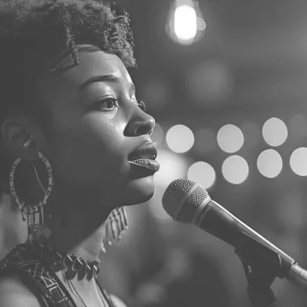 Black and white photo of a woman singing into a microphone, with blurred lights in the background.
