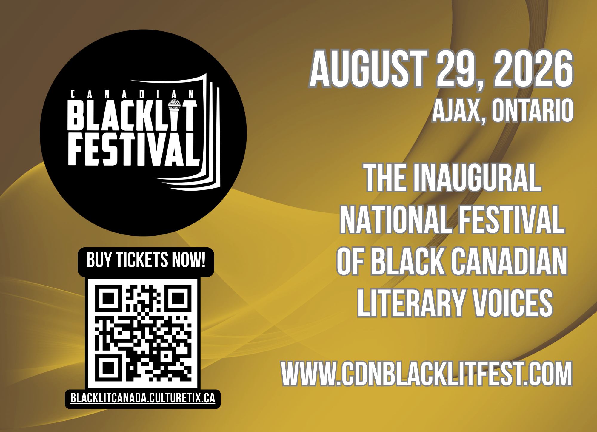 Poster for the Canadian Black Literary Festival held August 29, 2026, in Ajax, Ontario. Features a black circle with white text and a website URL, including a QR code for ticket purchase.