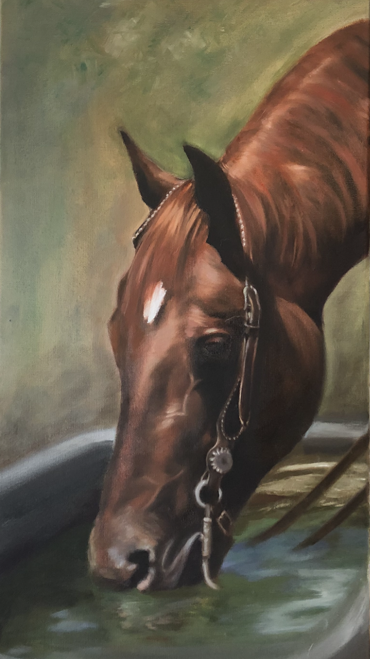 A painting of a brown horse drinking water from a basin, with a blurred green background.