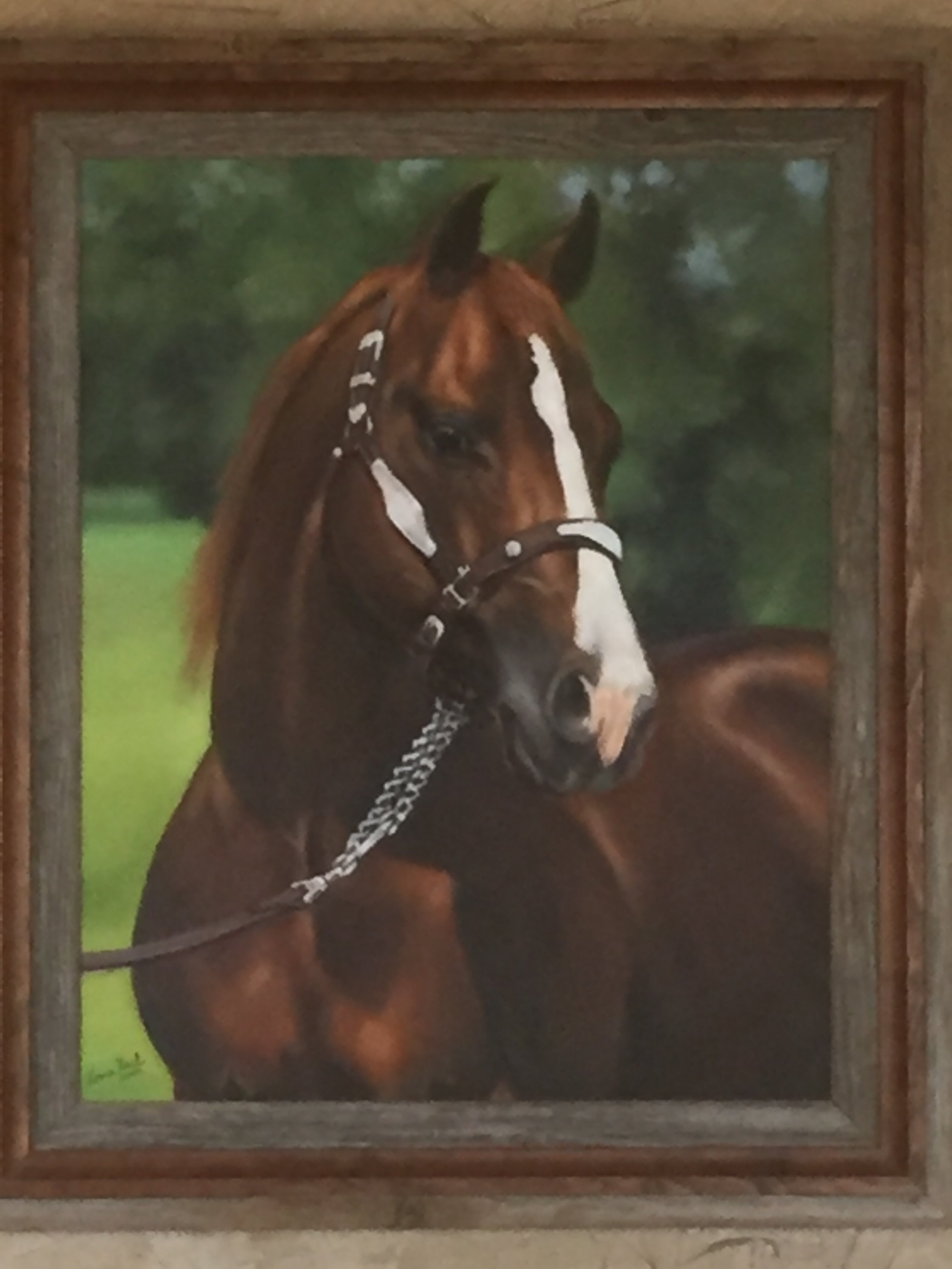 Framed painting of a brown horse with a white stripe on its face, standing outdoors with a green background.