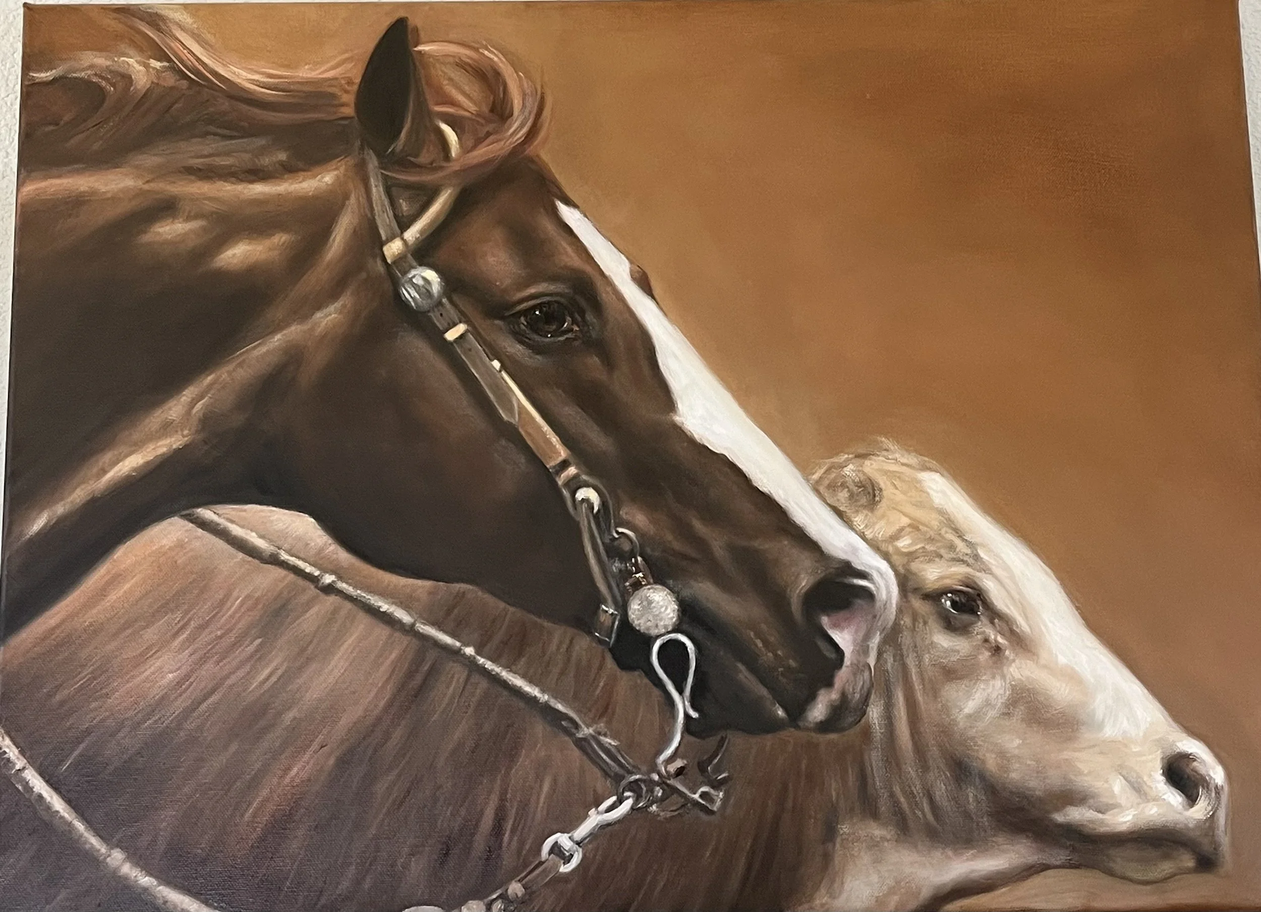 Painting of two horses, one with a dark brown coat and white markings, the other with a light tan coat, both facing to the right against a warm brown background.