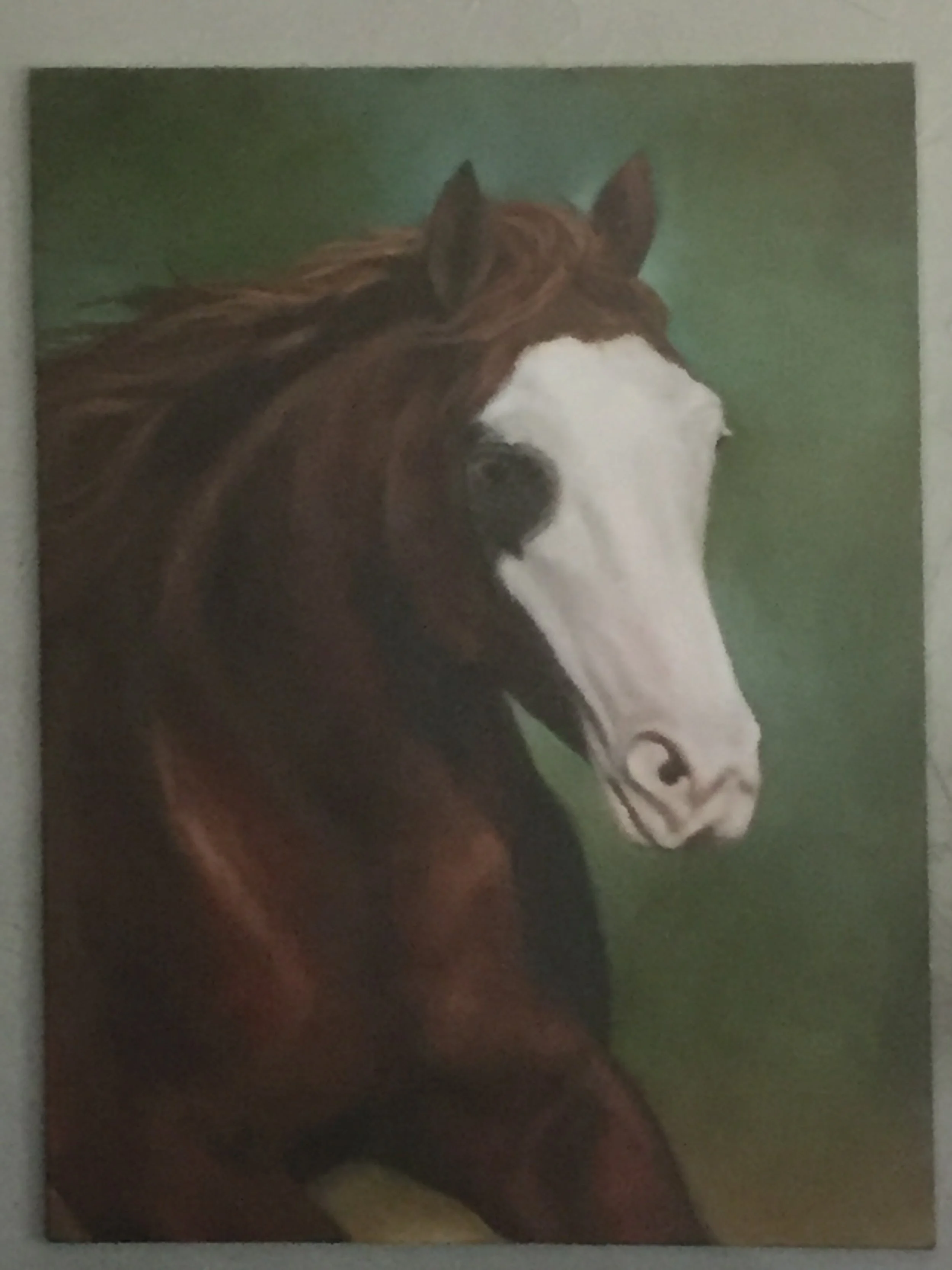 Painting of a brown horse with a white face and dark eyes against a green background.