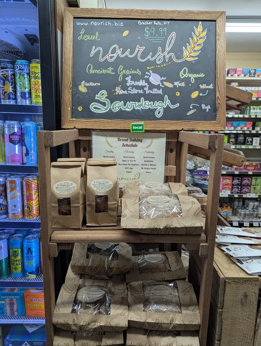 Freshly delivered! Locally made bread &amp; cookies from Nourish. 
✨ Sourdough Chocolate chip cookies
✨ North Country sourdough
✨ Here comes the sunflower
✨ Lumberjane sourdough 

#shop_local #support_local #nourish #potsdam_food_coop