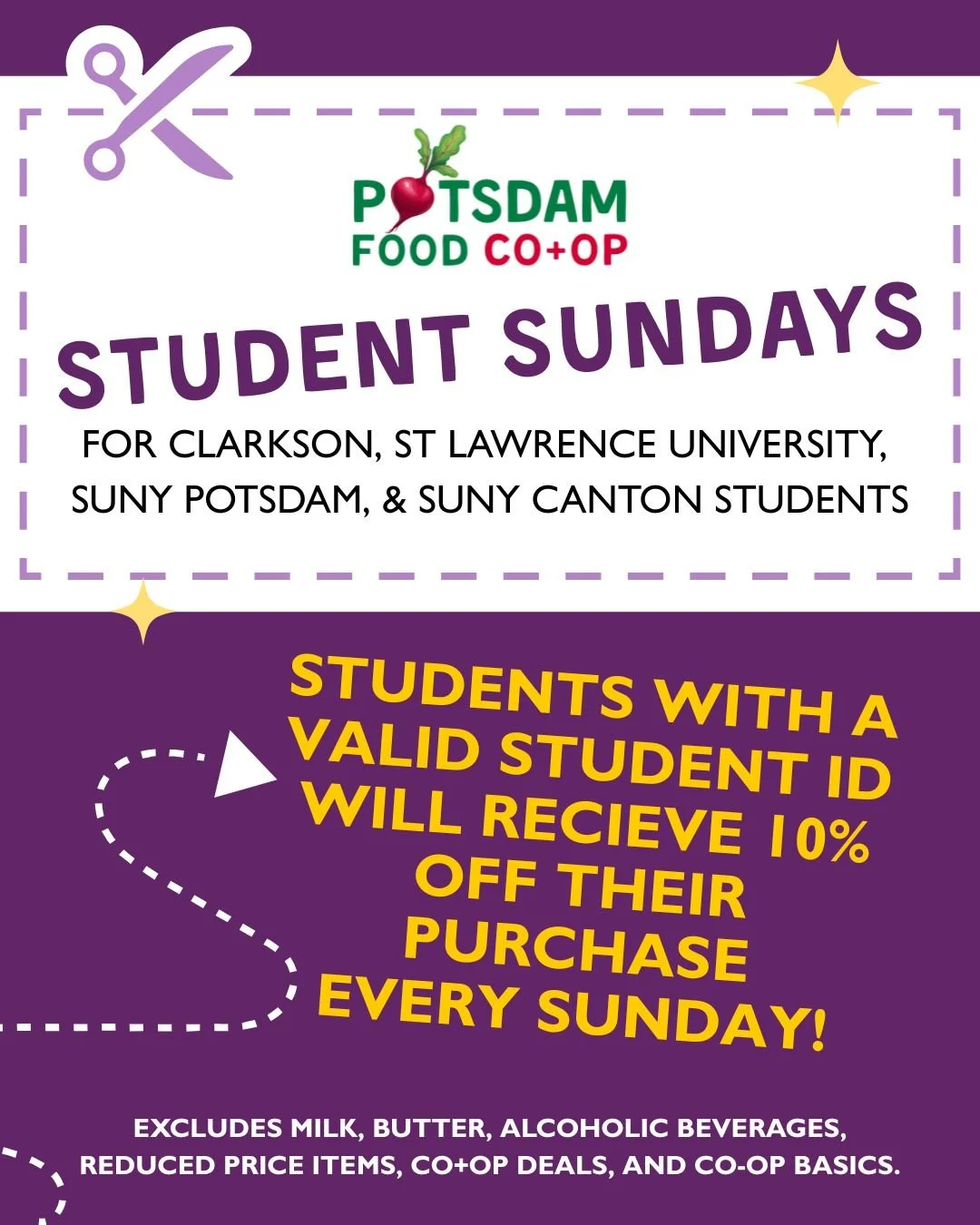 Tomorrow is Student Sunday!!
⭐Students from Clarkson, SLU, Suny Potsdam, and Suny Canton get 10% off their purchase!

Some exclusions apply.
#Potsdam_Food_Coop #Student_Sunday #Discount