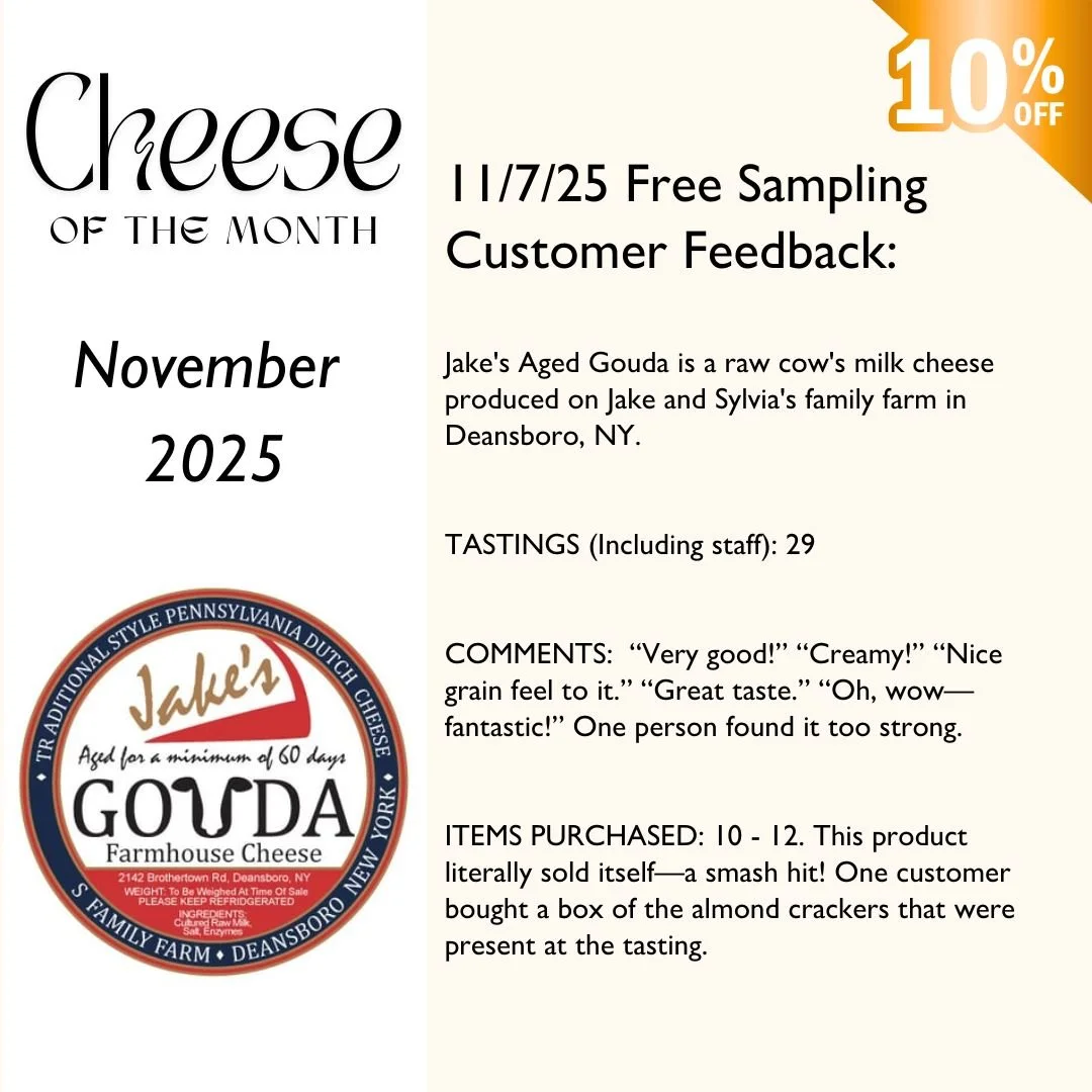 Here are the results of this month's free cheese sampling!
🧀 Jake's Aged Gouda recieved tons of positibe feedback and sold out of our inventory the same day!

Get 10% off this cheese throughout November!

Join us for our next Free Cheese of the Mont