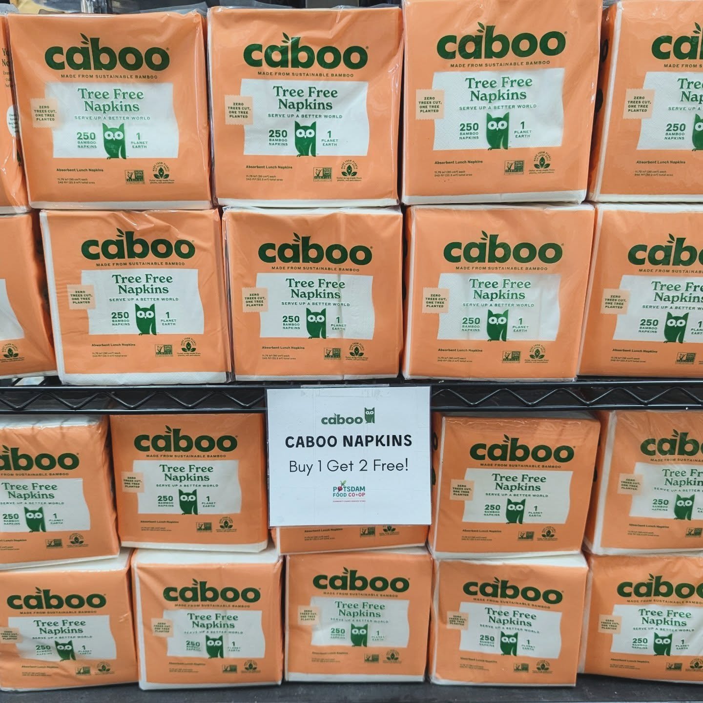 Caboo Tree Free Napkins are Buy 1 Get 2 free!! 
💯 Help us out and buy up our stock so we have less inventory to count on Sunday! 

#potsdam_food_coop #caboo #napkins #buyonegettwo
