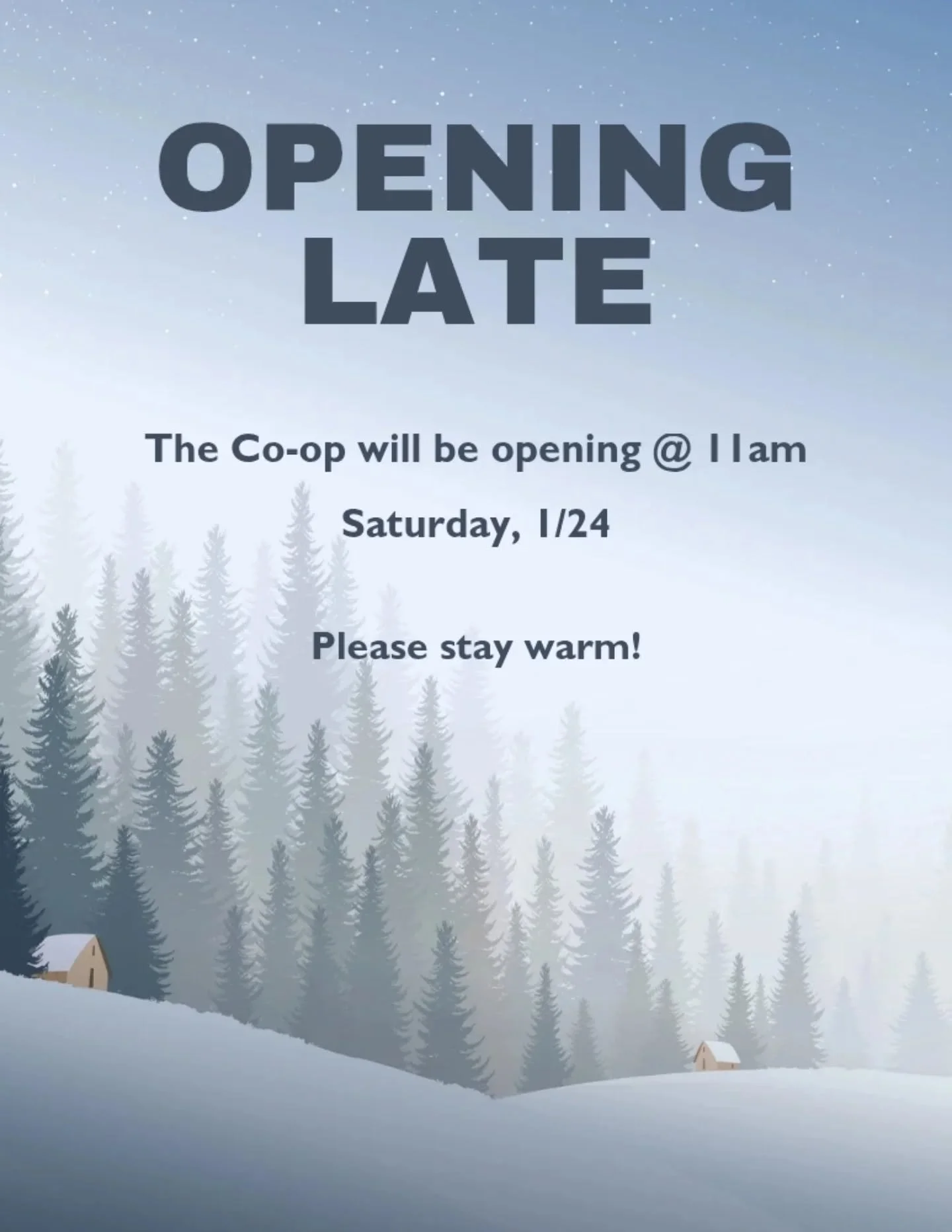 🥶 Due to the extreme cold, the Co-op will open two hours later, at 11am, Saturday 1/24, to allow our staff ample time to get to work, safely and as warmly as possible. We are open until 8pm tonight. Thank you for understanding, and please stay warm!