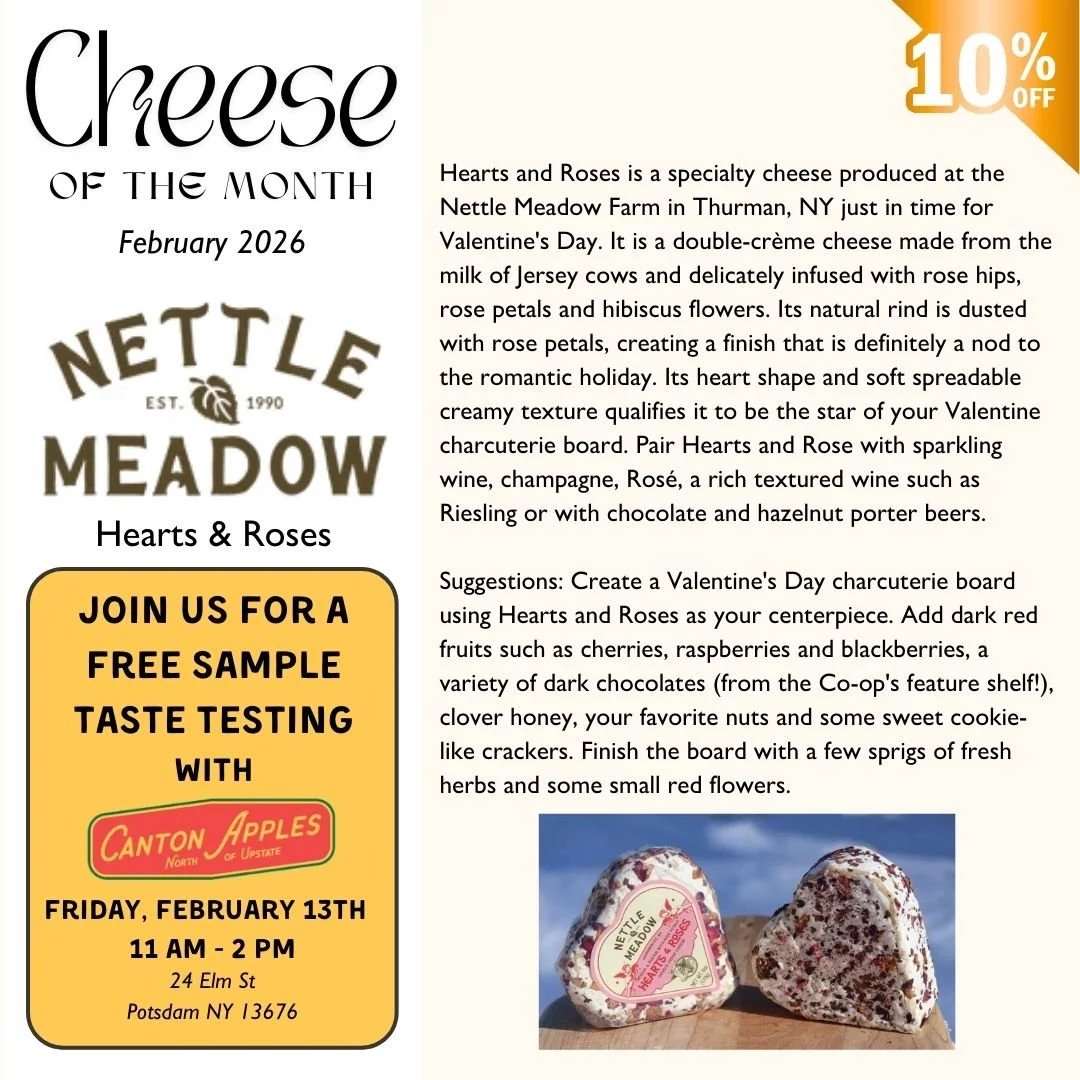 February Cheese Of The Month: Hearts &amp; Roses by Nettle Meadow! 
This  uniquely popular cheese was our COTM in February of 2025 also and you sold it out of our stock before the end of the month!!

🍎This month during our free sampling we will be j