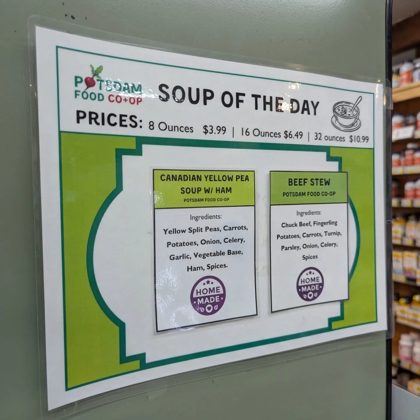 Homemade soup and burritos are available today! 
✨ Canadian yellow pea soup with ham
✨ Beef stew
✨ Black bean and rice burrito (with or without chicken)
✨ Cheddar ham and cheddar sausage breakfast burritos

#potsdam_food_coop #soup #burritos #hot #ho