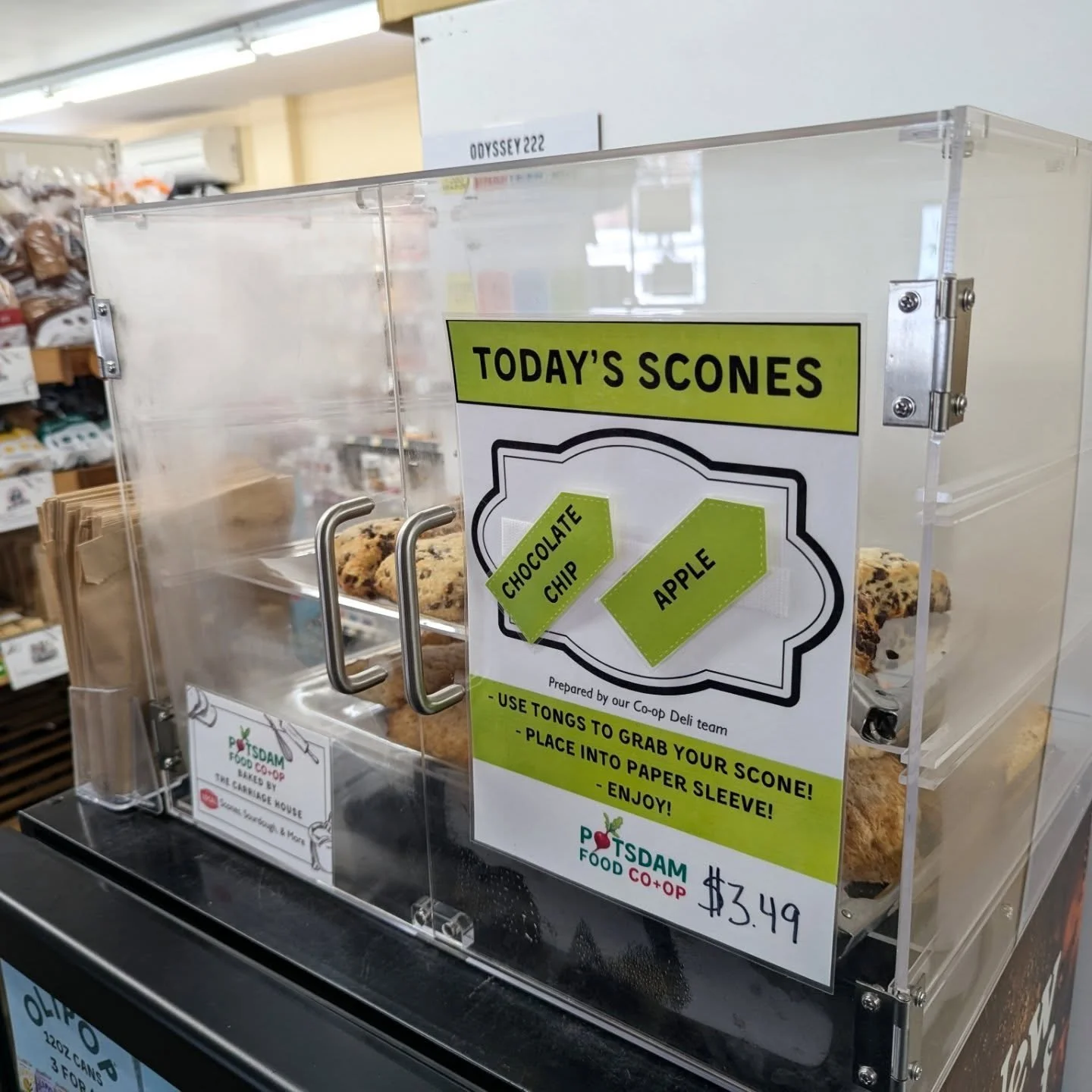 Becky brought out a new scone case and this is the best location we can make for it for now ✨ but we're brainstorming a better home! (It's too big for the drink station shelf)

Today's Scones are Chocolate Chip and Apple Cinnamon! 🍫 🍎 

#potsdam_fo