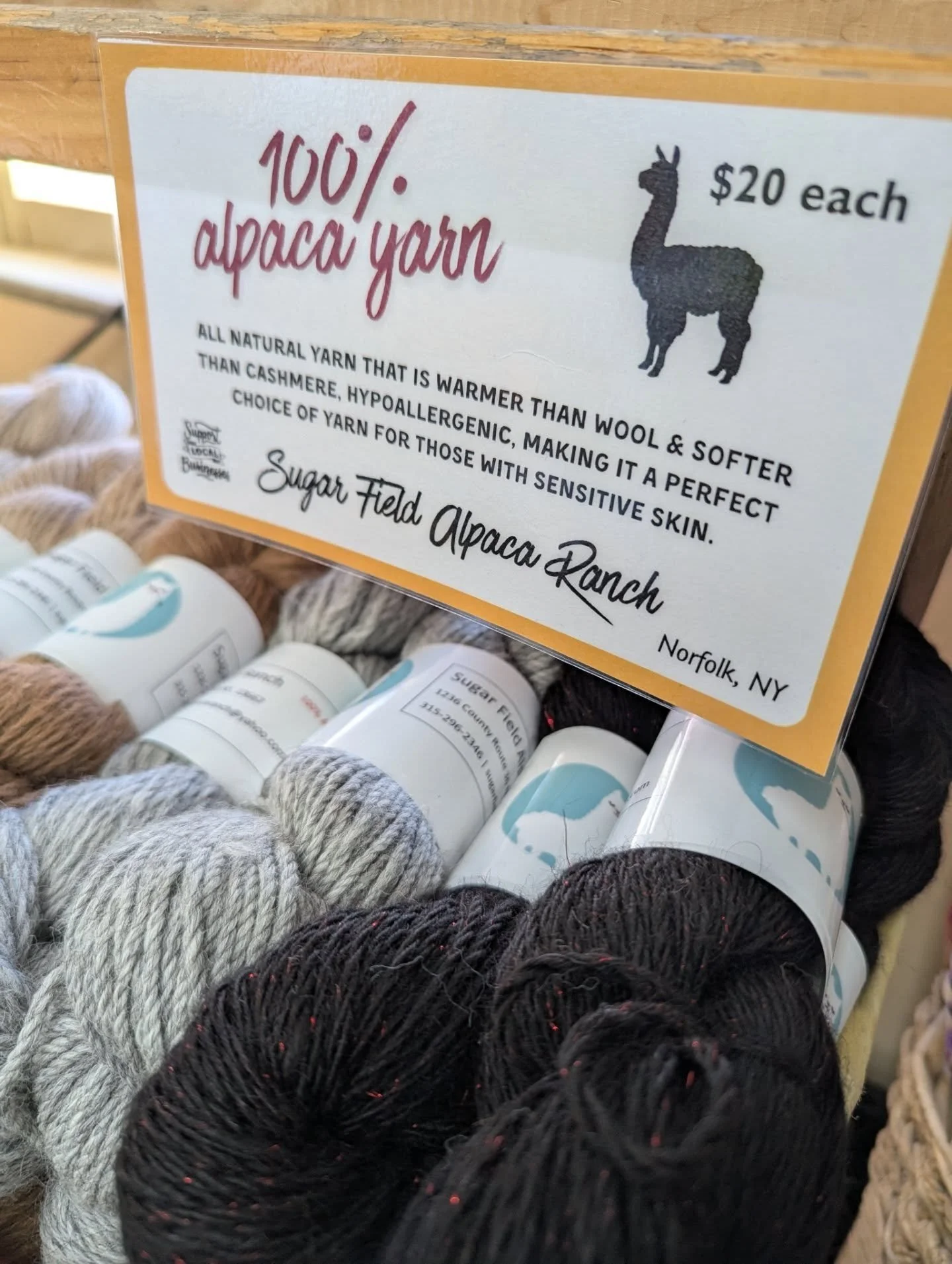 NEW locally sourced 100% alpaca yarn from Sugar Field Alpaca Ranch 🤩🧶 $20 each!

All natural yarn that is warmer than wool, softer than cashmere, and hypoallergenic. Making it a perfect choice of yarn for those with sensitive skin. 

#potsdam_food_