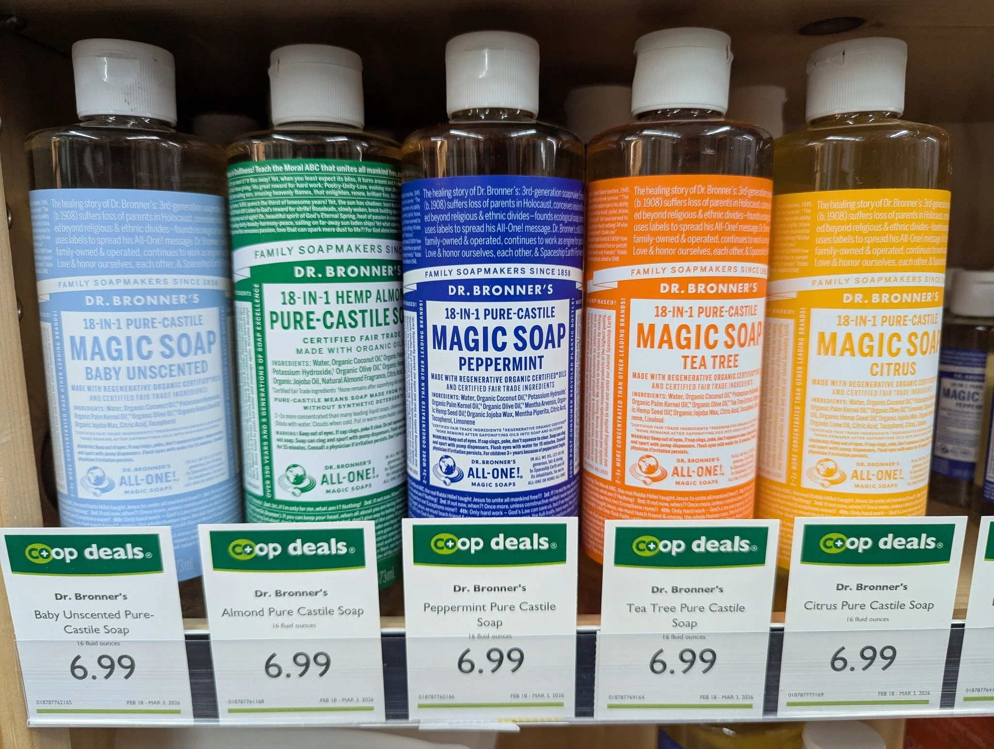 Dr Bronner 16oz soap varieties are on Co+op Deals for $6.99 each!

#Potsdam_Food_Coop #Dr_Bronners #Magic_Soap #Coop_Deals #On_Sale