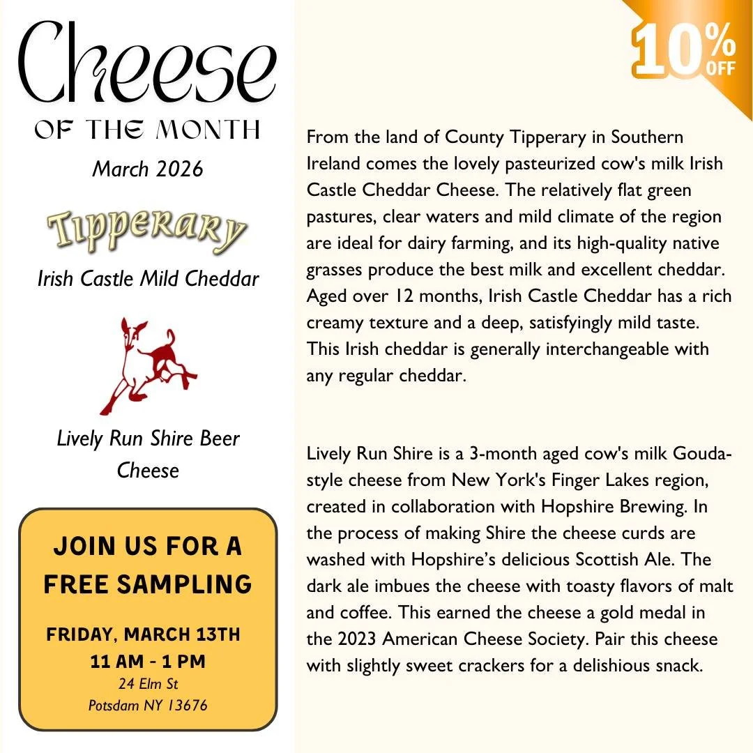 🧀 Two weeks left to grab our Cheese of the Month flavors for 10% off!! 🧀

#Potsdam_Food_Coop #Cheese_Of_The_Month #shop_small_business