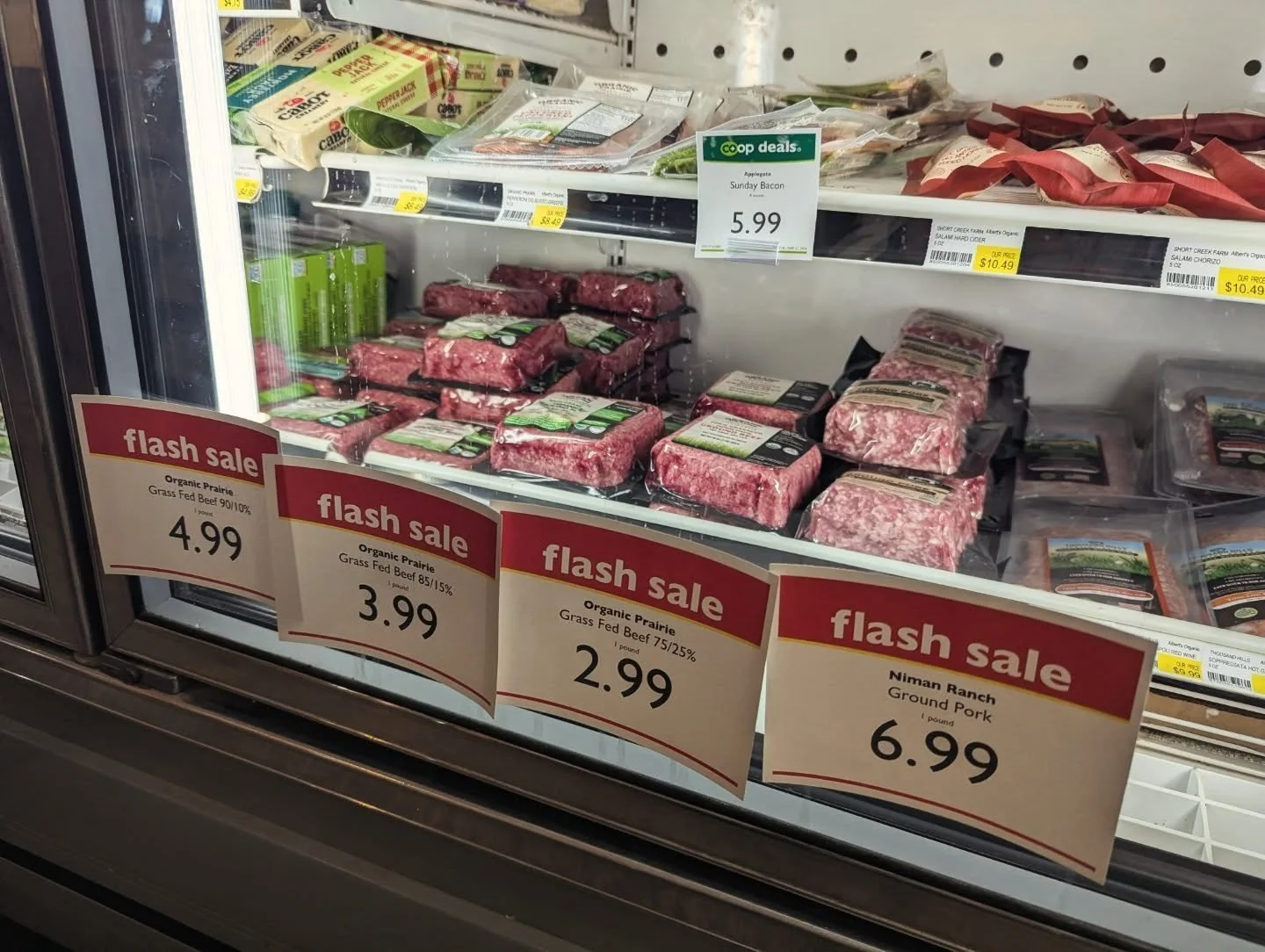 FLASH SALE ALERT ⚠️

⚡ Grass-Fed beef 90/10 $4.99 each
⚡ Grass-fed beef 85/15 $3.99 each
⚡ Grass cut beef 75/25 $2.99 each
⚡ Ground pork $6.99 each 

#Potsdam_Food_Coop #Flash_Sale #ground_beef #ground_pork