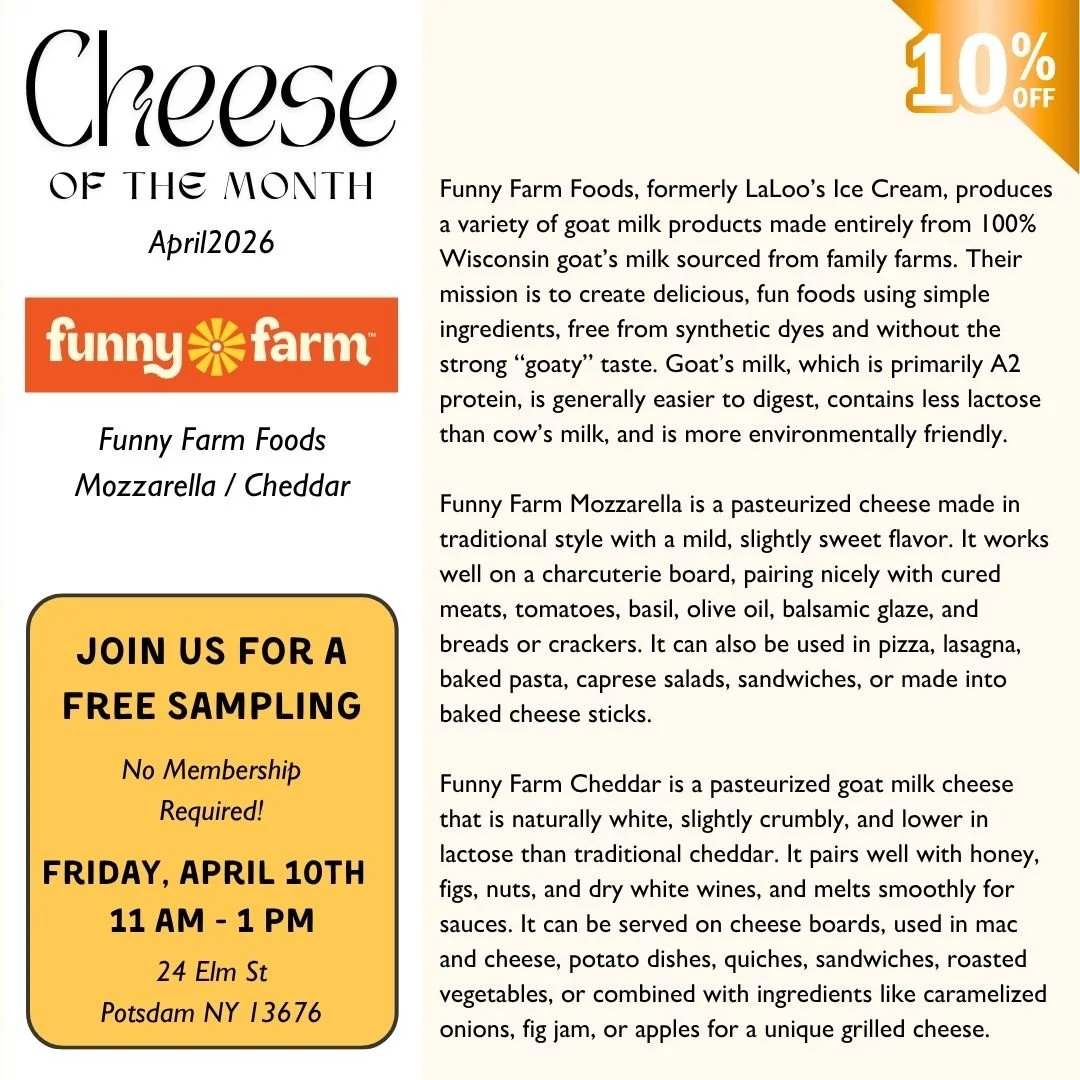 April Cheese of the Month are Funny Farm's Mozzarella and Cheddar cheeses! 🧀

Funny Farm Foods, formerly LaLoo&rsquo;s Ice Cream, produces a variety of goat milk products made entirely from 100% Wisconsin goat&rsquo;s milk sourced from family farms.