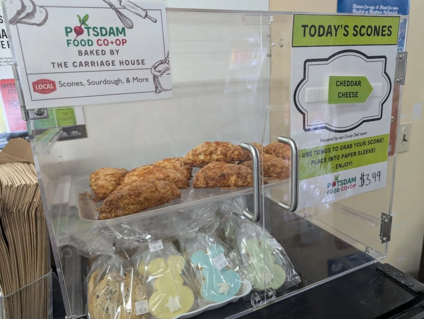 Cheddar Cheese scones are available today. 🧀 And we still have cookies from Kats Confections, delivered on Saturdays! 

#potsdam_food_coop #scones #kats_confections #Support_local_Business
