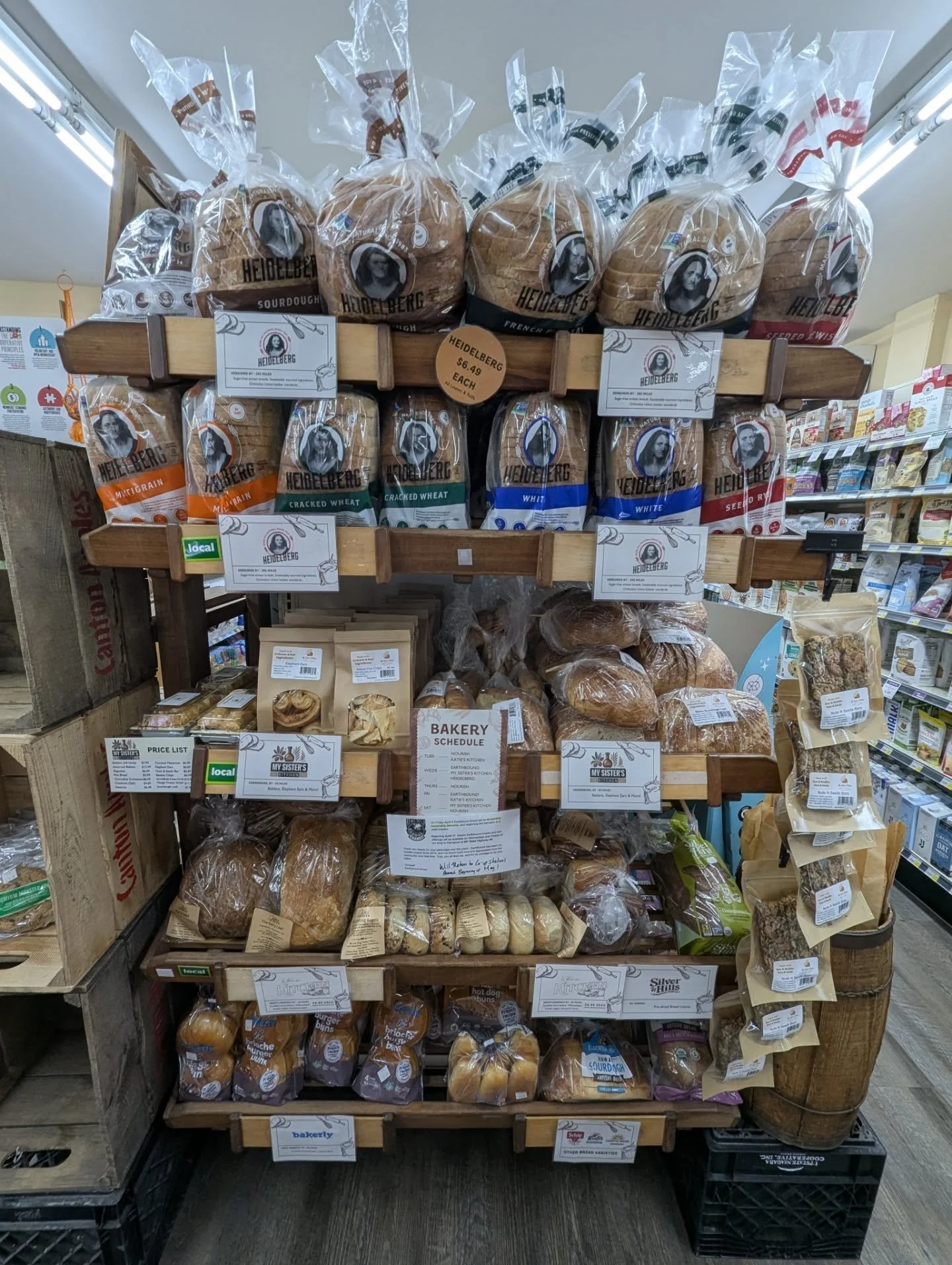 Our bread shelf is BURSTING with fresh deliveries! 
⚡ My Sister's Kitchen is back!! Today's delivery has baguettes, baklava, elephant ears, pita chips, Sourdough bread loaf, but &amp; seed loaf, and butter croissants!
⚡ Heidelberg's weekly Wednesday 