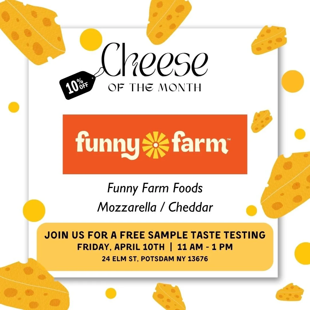 📣 Join us TODAY from 11am - 1pm to try FREE samples of Cheddar and Mozzarella Cheeses from @funny.farm.foods ! This featured Cheese of the Month is 10% off all of April! 🧀

#Potsdam_Food_Coop #Cheese_Of_The_Month #Shop_The_Coop #Free_Samples
