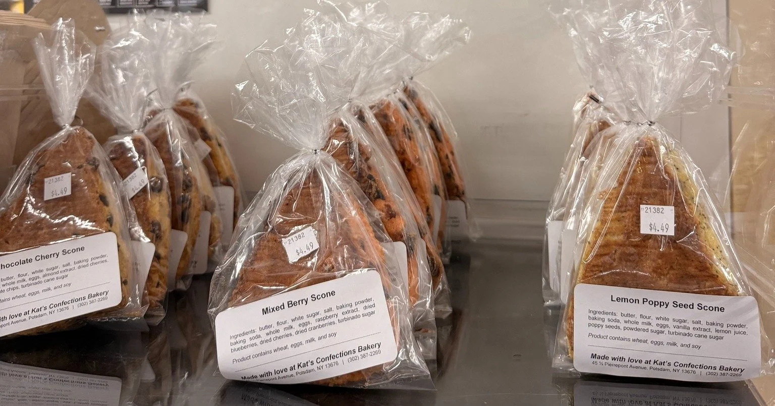 On Saturdays, we get baked goodies delivered from Kat's Confections! Support this local Potsdam business by grabbing one of their scones. This weekend we have Chocolate Cherry🍫, Mixed Berry💜, and Lemon Poppy Seed🍋!

#Potsdam_Food_Coop #Kats_Confec