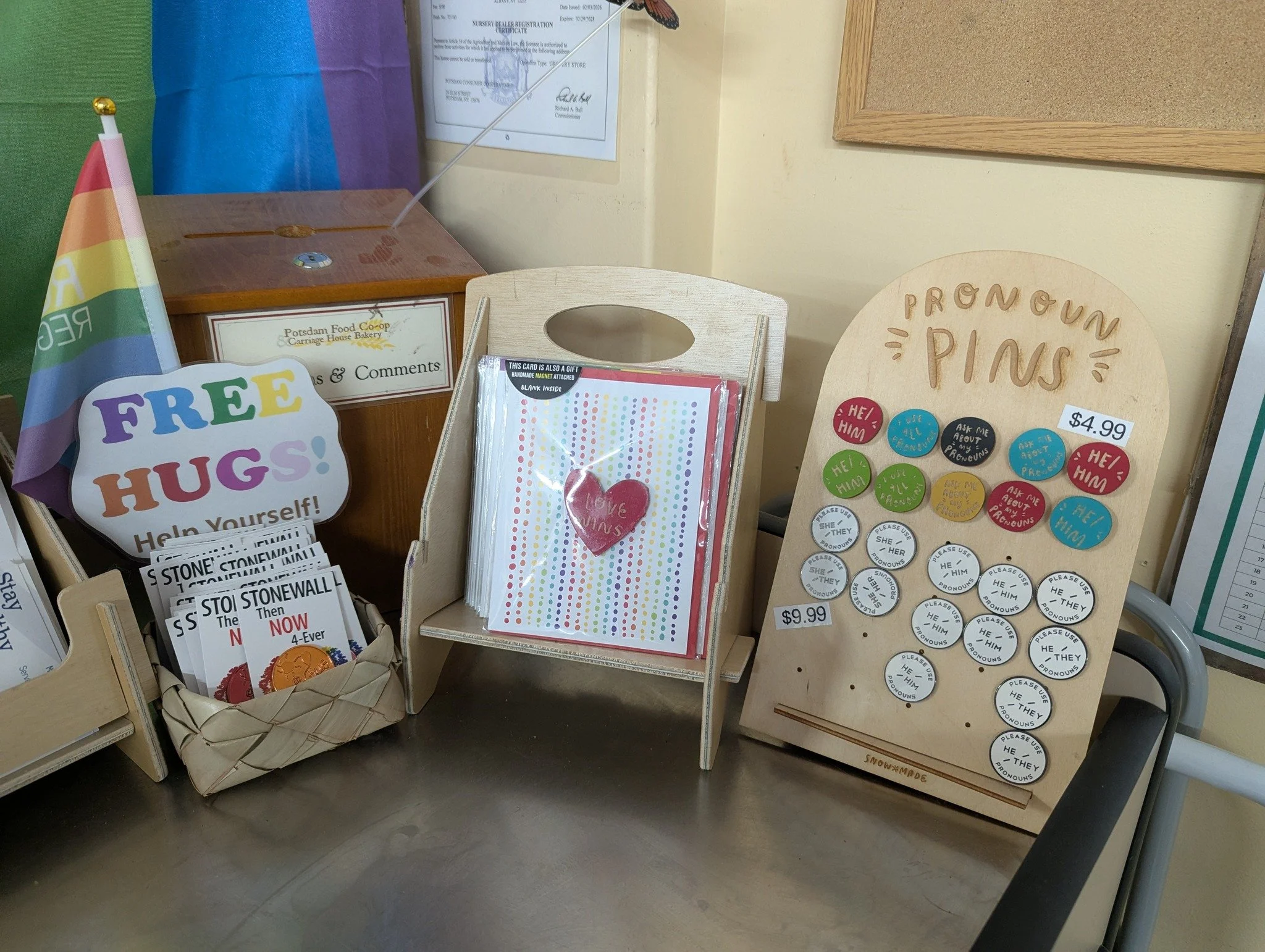 Be prideful every day! We have greeting cards and pronoun pins. Grab for yourself and (or) a friend! Don't forget your free hugs 💜 Located at the register!

#Potsdam_Food_Coop #Show_Your_Pride #Support_Your_Community