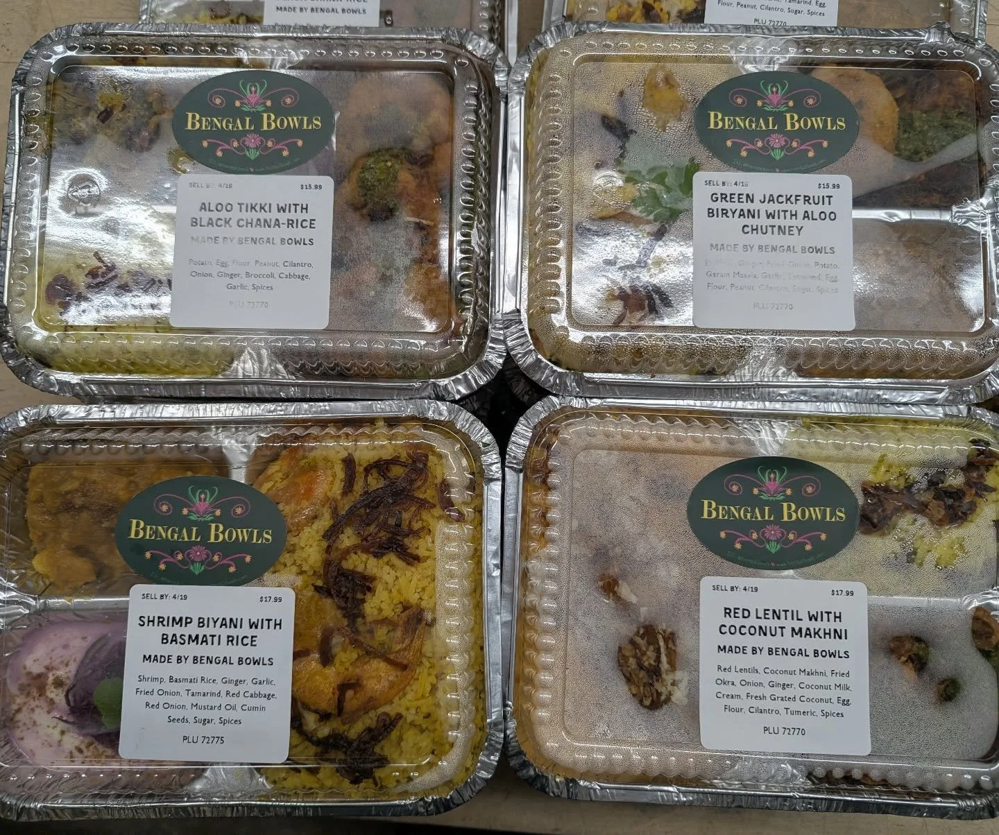 Bengal Bowls are here! Come grab yourself an entree for dinner! 
🥳 Aloo Tikki with Black Chana-Rice
🥳 Green Jackfruit Biryani with Aloo Chutney 
🥳 Red Lentil with Coconut Makhni
🥳 Shrimp Biryani with Basmati Rice 

#bengal_bowls #bengali_cuisine 