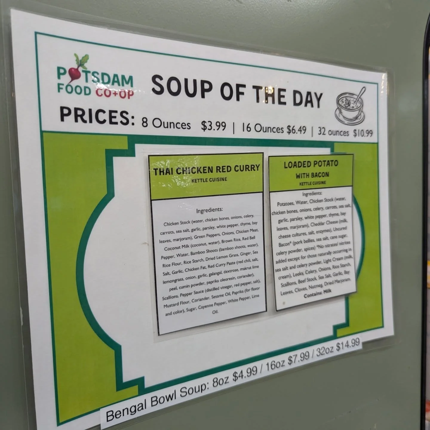 Our deli selection today 🍲 
💚 Chocolate chip scones
💚 Thai chicken red curry &amp; loaded potato with bacon soups 
💚 Fresh made sandwiches and wraps
💚 Bengal Bowl Entrees g Happy Eeats Salads
💚 Sides &amp; snacks! 

#potsdam_food_coop #deli #lu
