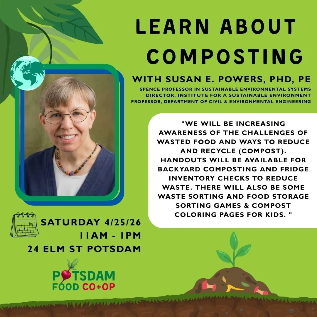 🍃WANT TO LEARN ABOUT COMPOSTING?!🍃
Join us at the Co-op from 11am - 1pm with Dr. Susan Powers!

🌍"We will be increasing awareness of the challenges of wasted food and ways to reduce and recycle (compost). Handouts will be available for backya