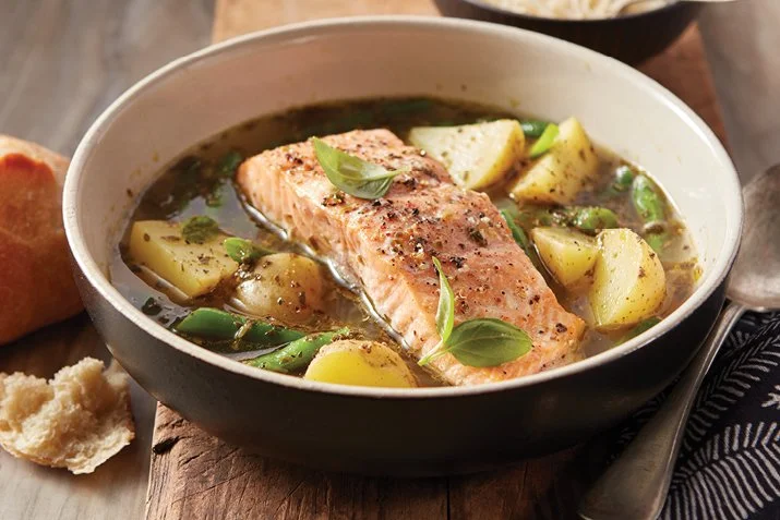 Roasted Salmon and Vegetables in Pesto Broth