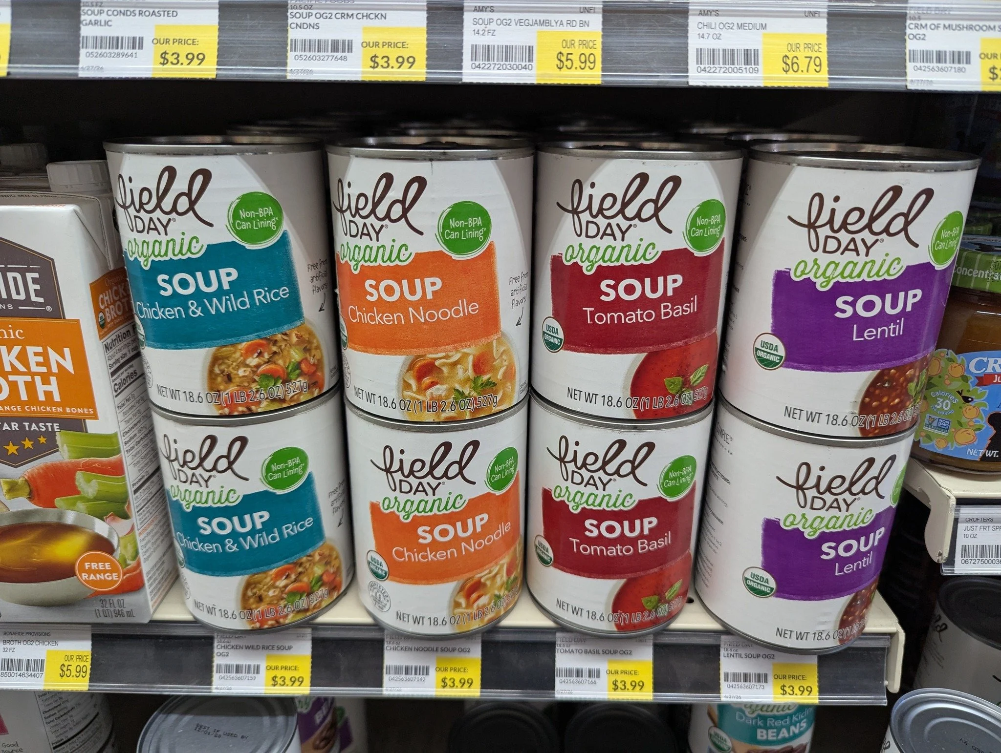 NEW and now available: Field Day Soups!
💚 Chicken &amp; Wild Rice
💚 Chicken Noodle
💚 Tomato Basil
💚 Lentil

Field Day brand products are widely regarded for providing high-quality, organic, and non-GMO staples at affordable, budget-friendly price