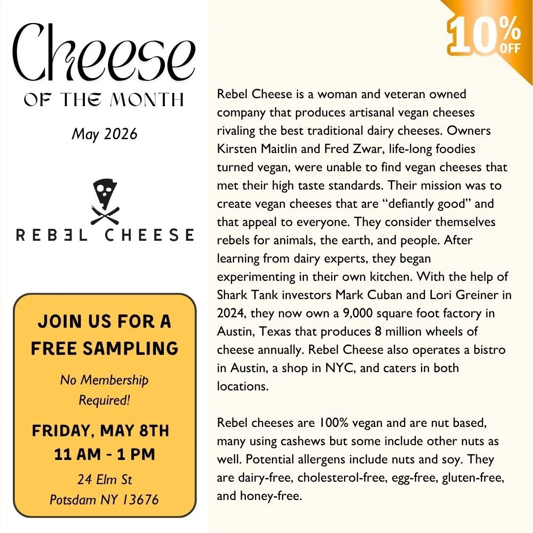 🧀💛May Cheese of the Month: Rebel Vegan Cheese!!💛🧀

Rebel Cheese is a woman and veteran owned company that produces artisanal vegan cheeses rivaling the best traditional dairy cheeses. Owners Kirsten Maitlin and Fred Zwar, life-long foodies turned