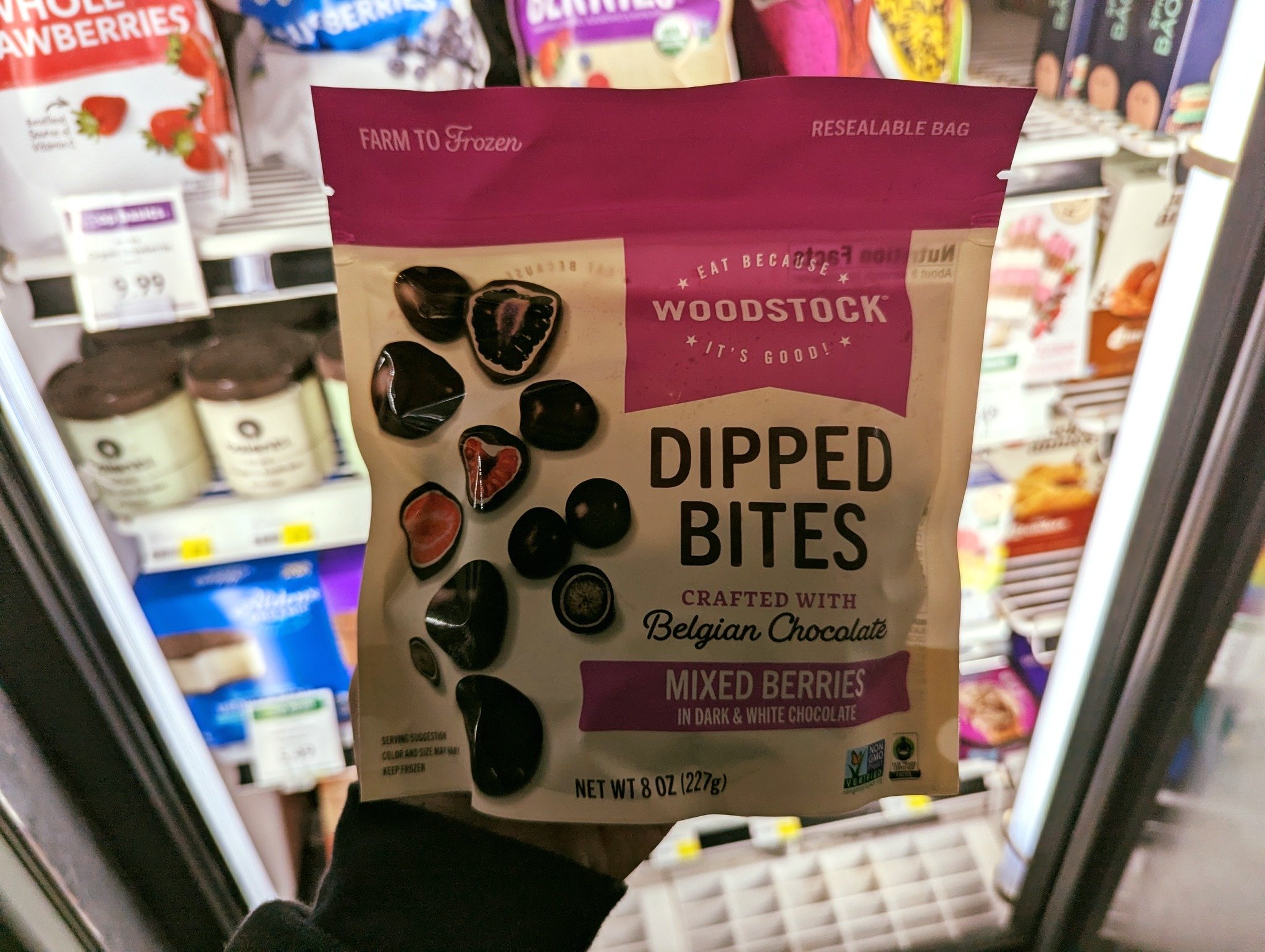 NEW &amp; Now Available at the co-op!! 🍓
Woodstock Dipped Bites in Mixed Berry features a blend of whole strawberries, raspberries, blueberries, and blackberries coated in both rich dark chocolate and creamy white chocolate.

#Potsdam_Food_Coop #Dip