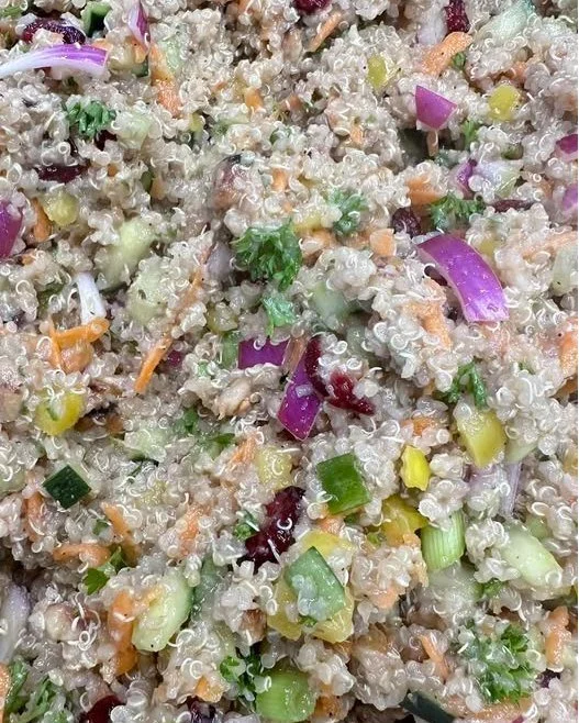 Now available in the deli case: Lemon Walnut Quinoa Crunch Salad 🍋
Made in-house by our Grocery Lead, Ryan!

#Potsdam_Food_Coop #Quinoa_Salad #Fresh_Made #Deli_Side