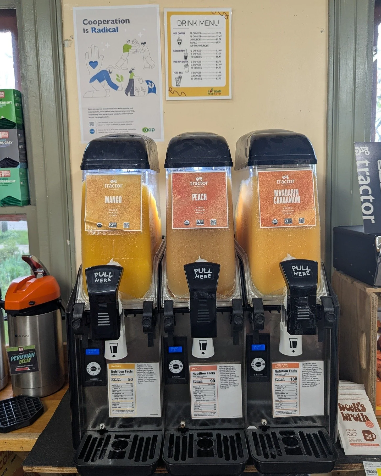 Slushy Season is here!!! 😍😍 Right now we have Mango, Peach, and Mandarin Cardamom!

#Potsdam_Food_Coop #Slushy #Fruity #Refreshing