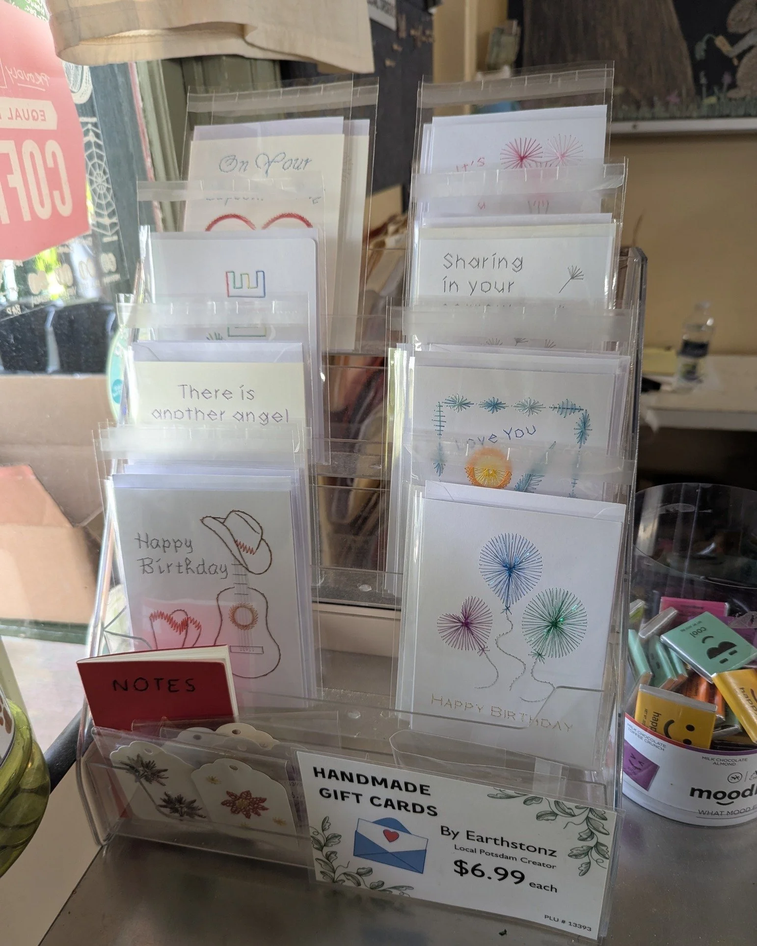 Handmade Embroidered Cards by Janine of Earthstonz are always being refilled! Come though for a beautifully unique card for all occasions! 🪡

#Potsdam_Food_Coop #Handmade_Cards #Locally_Made