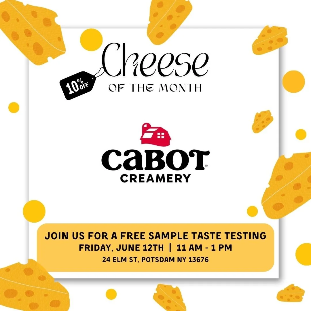Celebrate National Dairy Month by joining us for our FREE monthly cheese sampling this Friday at 11am! 

June's Cheese of the Month features 8oz bars from @cabotcreamery !! Get 10% off throughout June.

#Potsdam_Food_Coop #Cheese_Of_The_Month #Nation