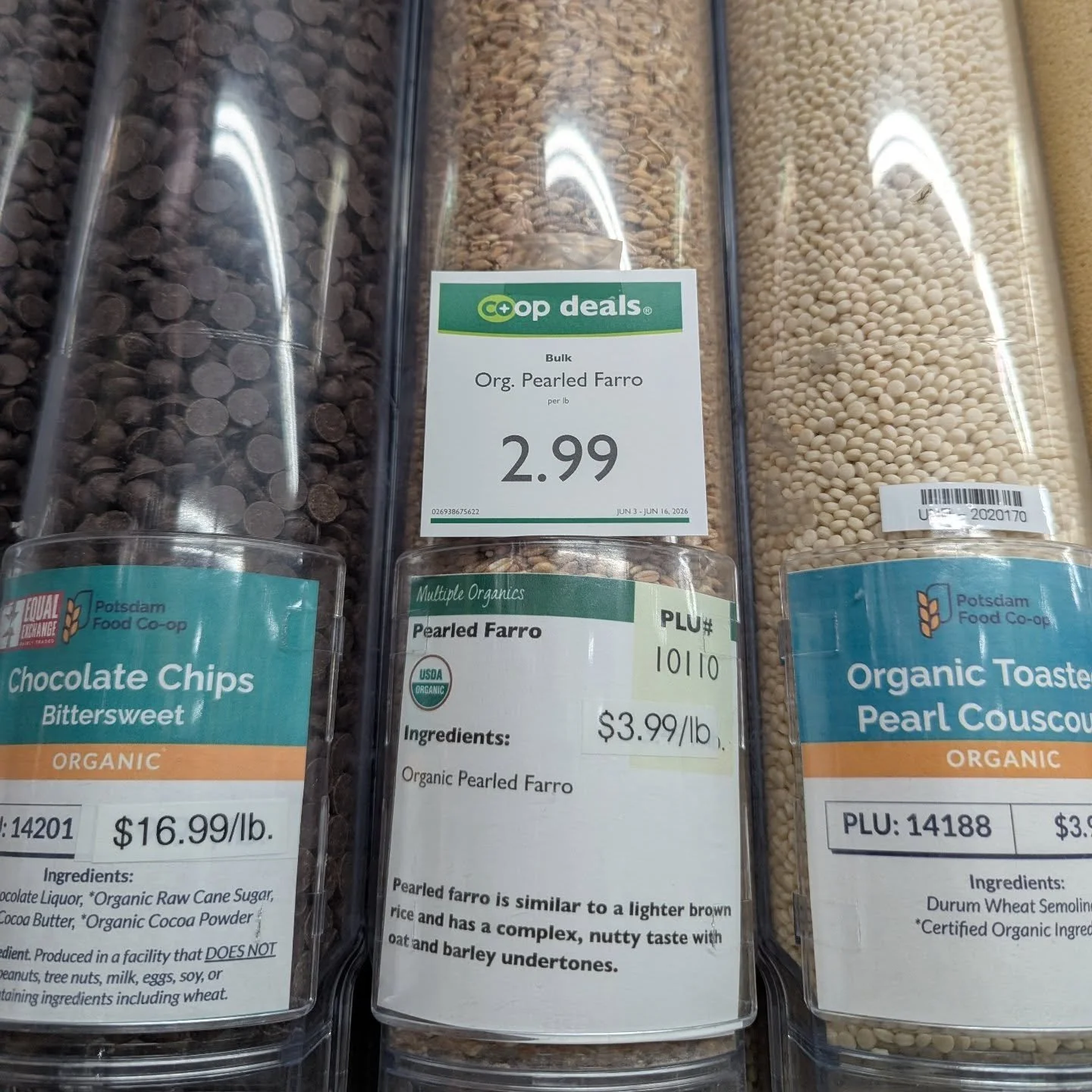 Organic Pearled Farro is currently on Co+op Deal for $2.99 per pound in the bulk department 💚

🛍️ Bring your own container, or grab a bag from below the Equal Exchange display. 

#potsdam_food_coop #bulk #coop_deal #on_sale