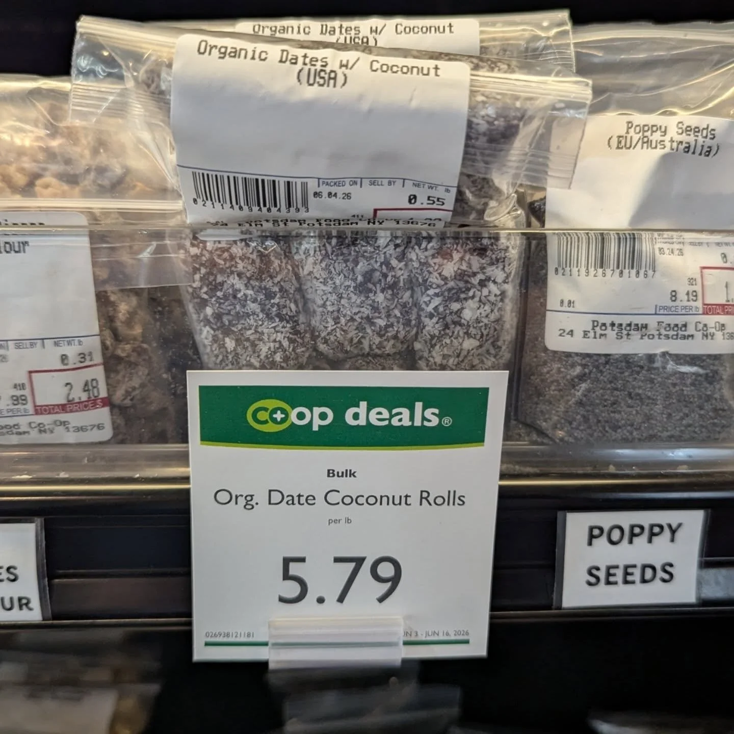 Co-op Packed Bulk goodies on Co+op deals in the "nuts &amp; snacks" cooler! 
⚡ Organic Date Coconut Rolls $5.79/pound
⚡ Organic Goji Berries $15.99/pound

#potsdam_food_coop #coop_packed #coop_deals #bulk