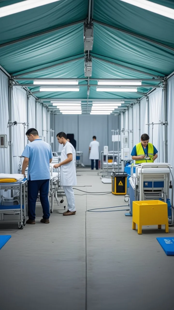 Medical staff working in a temporary hospital tent with patient beds, medical equipment, and bright lighting.