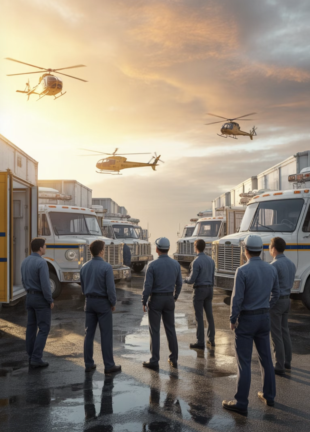A group of six utility workers standing in a parking lot of utility trucks, observing four helicopters flying overhead at sunset.