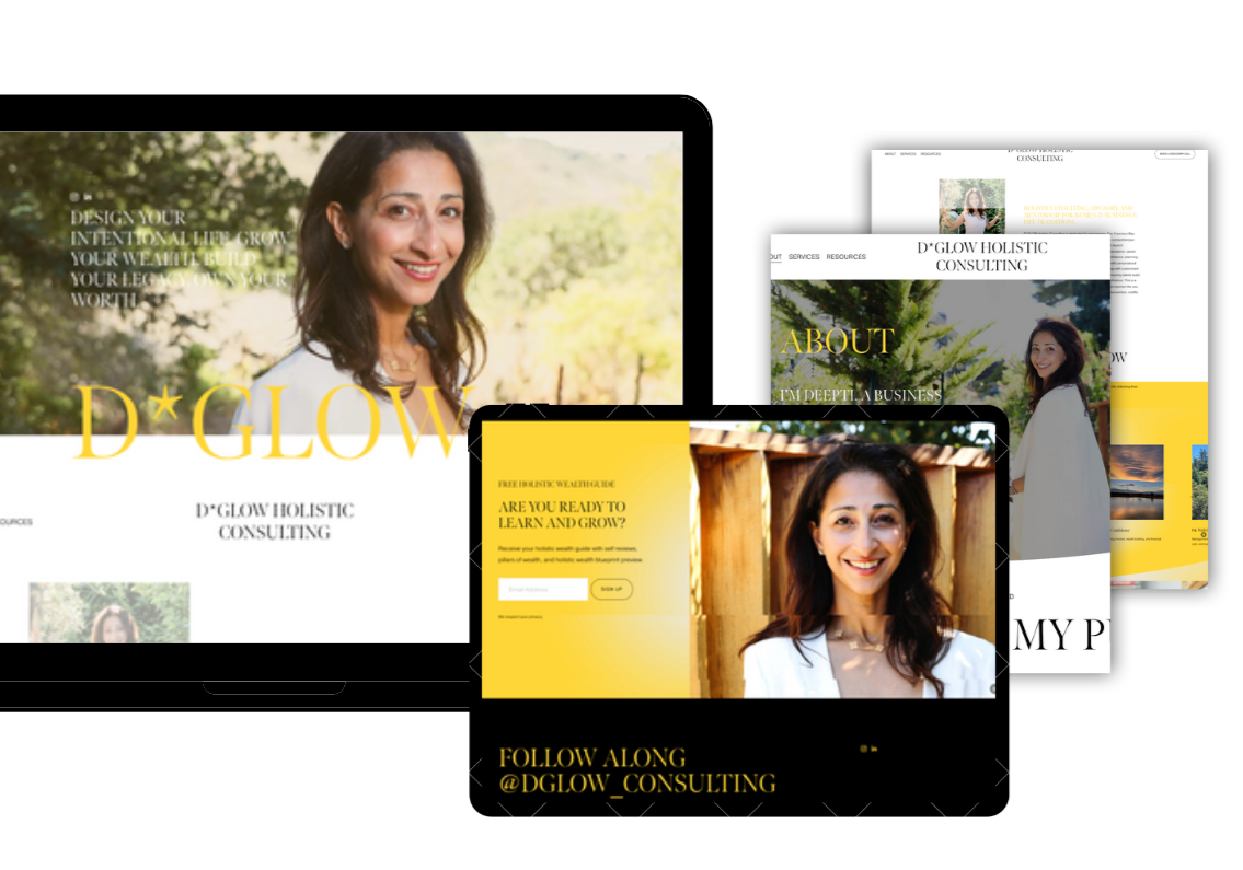 Digital screens displaying a website for D*Glow Holistic Consulting, featuring a smiling woman with dark hair outdoors, with a yellow and white color scheme.