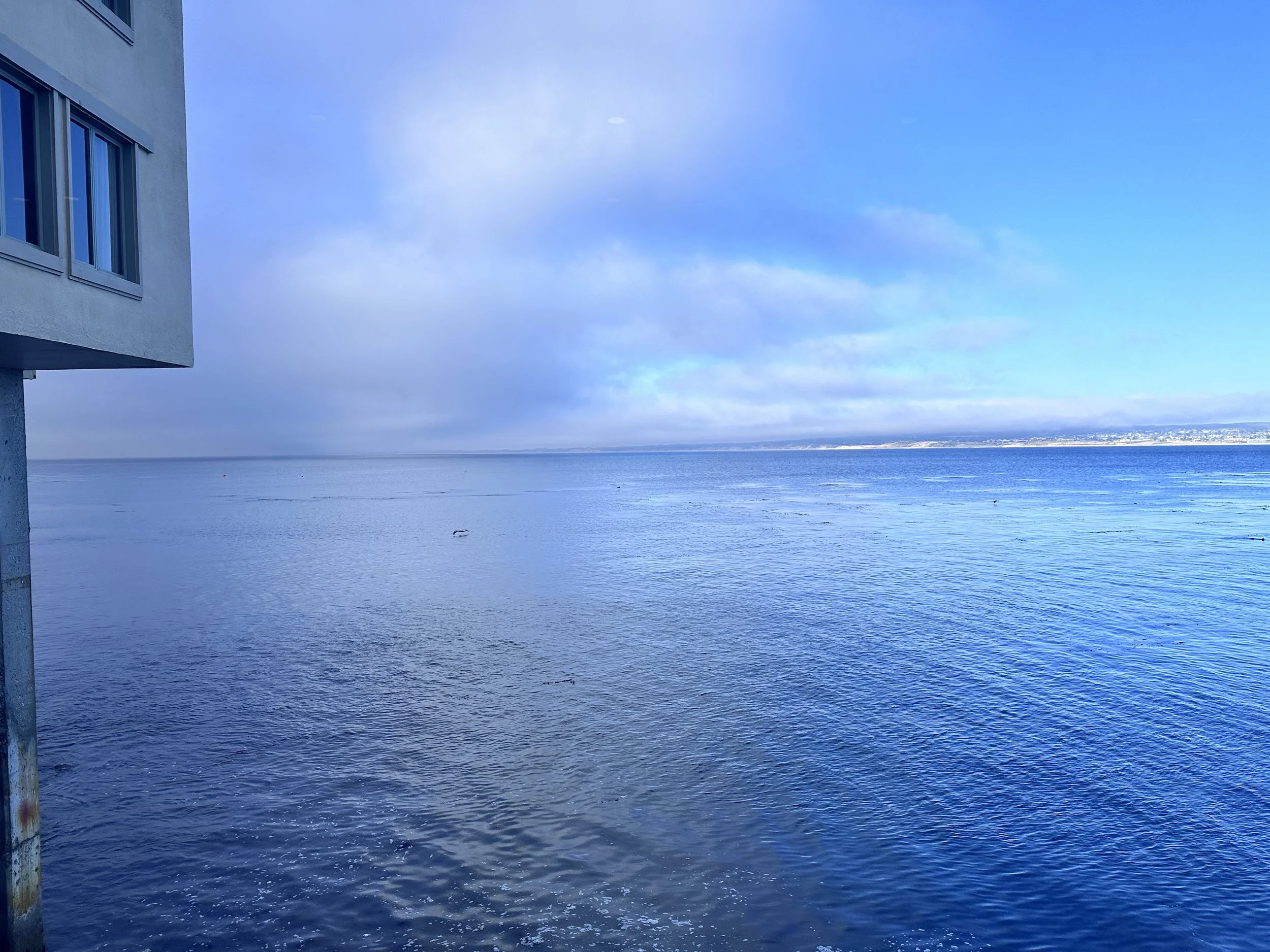 View of an ocean with calm waters, a cloudy sky, and a distant shoreline, with part of a building on the left side.