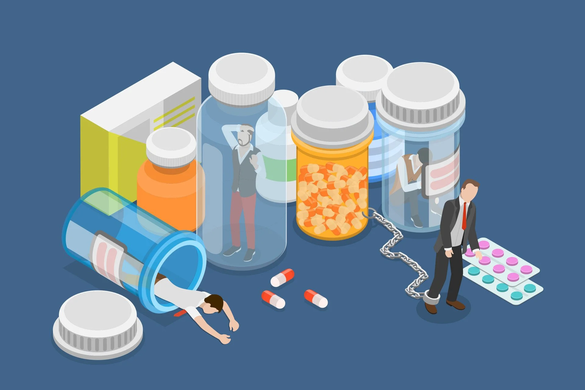 Illustration of oversized prescription pill bottles, some open with pills spilling out, and various pills and capsules scattered around. Two miniature people are trapped inside the bottles, and a man in a suit is holding a large blister pack of pills, with a chain tied to a bottle containing pills.