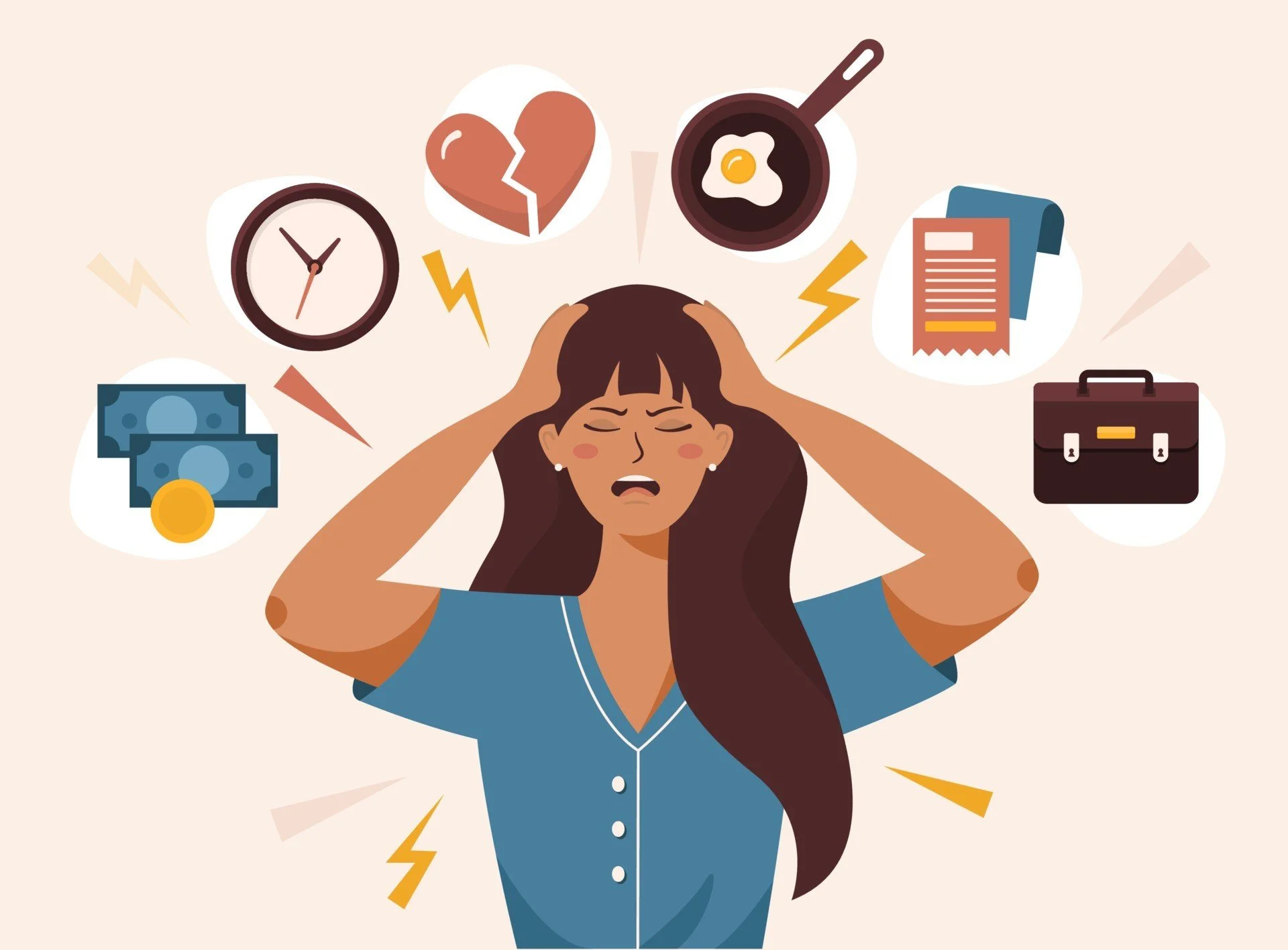 Illustration of a stressed woman holding her head with various icons around her representing time, money, heartbreak, a fried egg, receipts, a briefcase, and a clock.