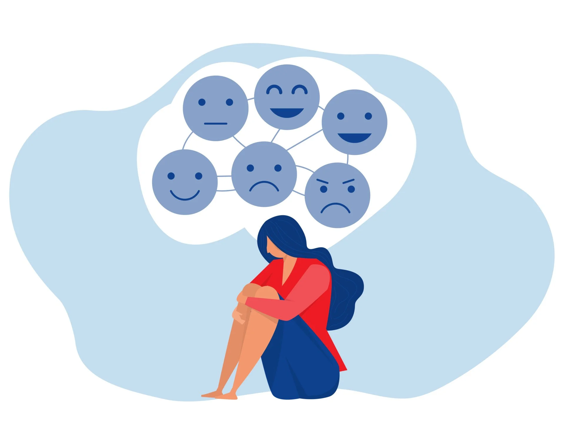 Illustration of a woman sitting on the ground, hugging her knees, with a thought bubble showing various emoticon faces representing different emotions.