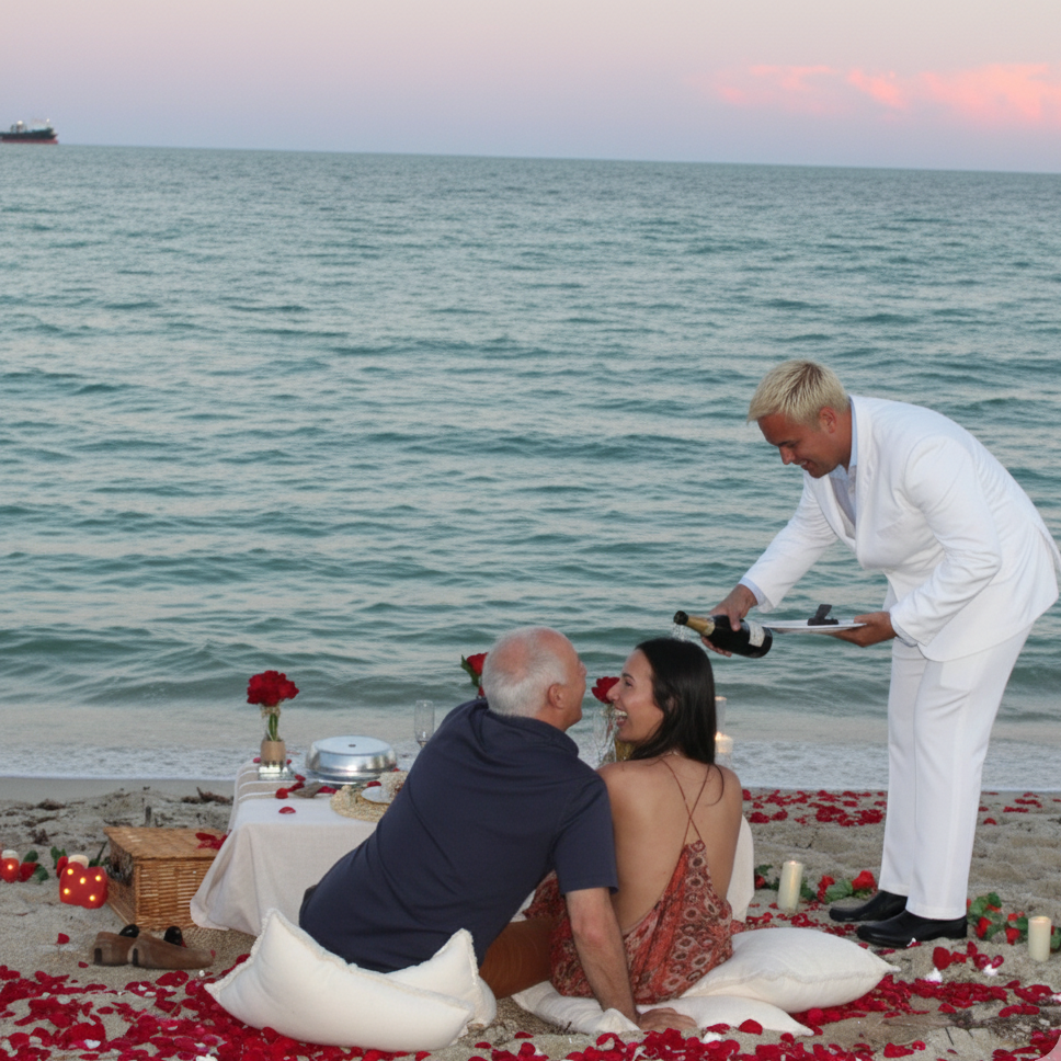Couple sharing a romantic dinner on the beach with a waiter serving food, surrounded by flowers and candles at sunset.